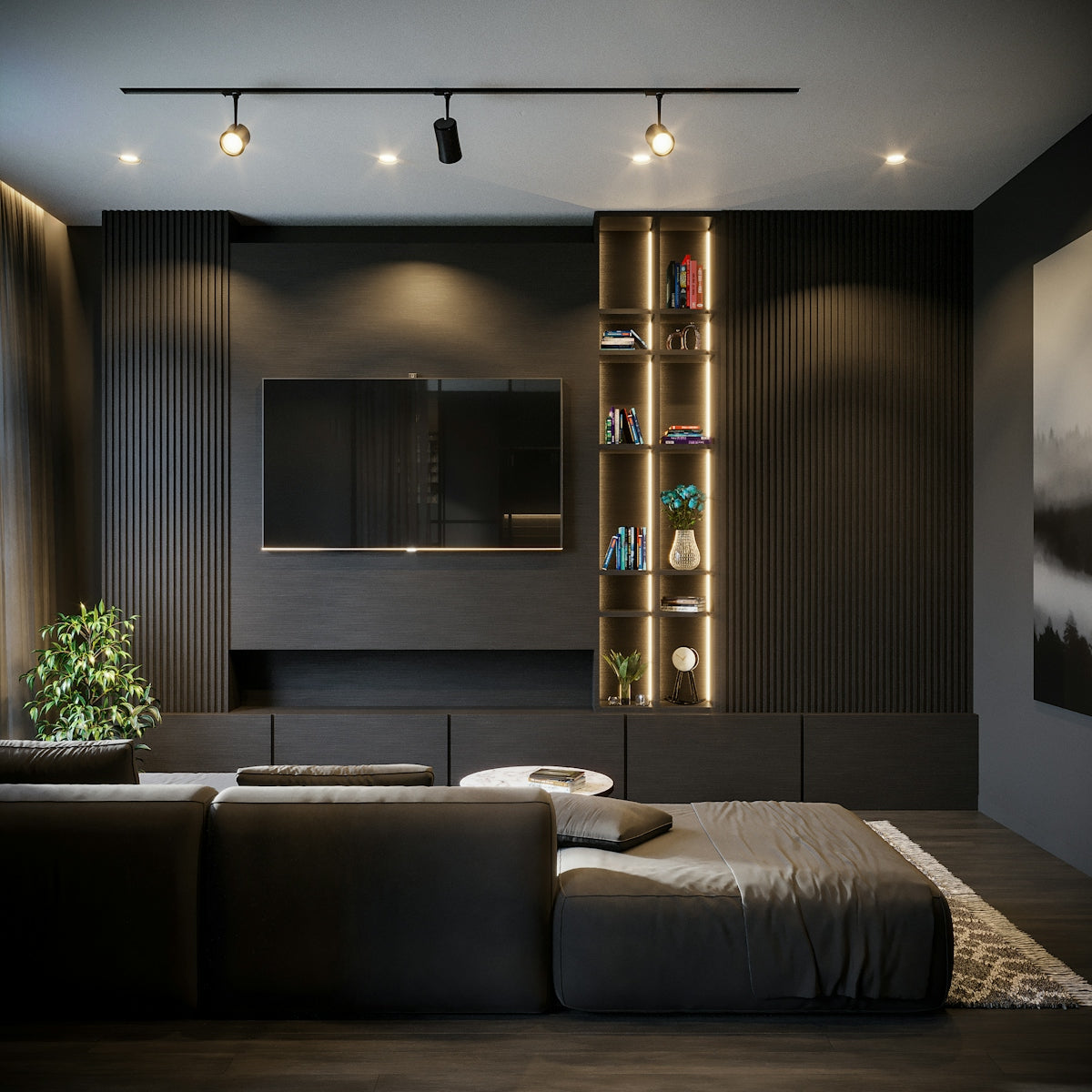 a room with a couch and a tv