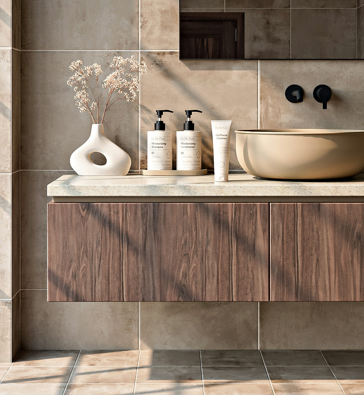 Modern bathroom vanity with sink and toiletries.