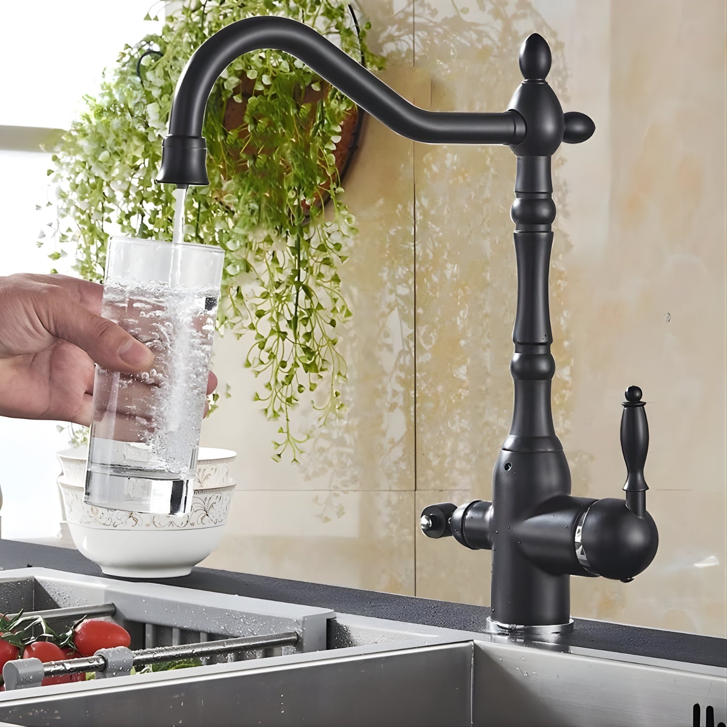 Arvik - 3-Way Kitchen Sink Faucet with Dual Handles and Pure Water Filter Spout With Hot and Cold Water Mixer