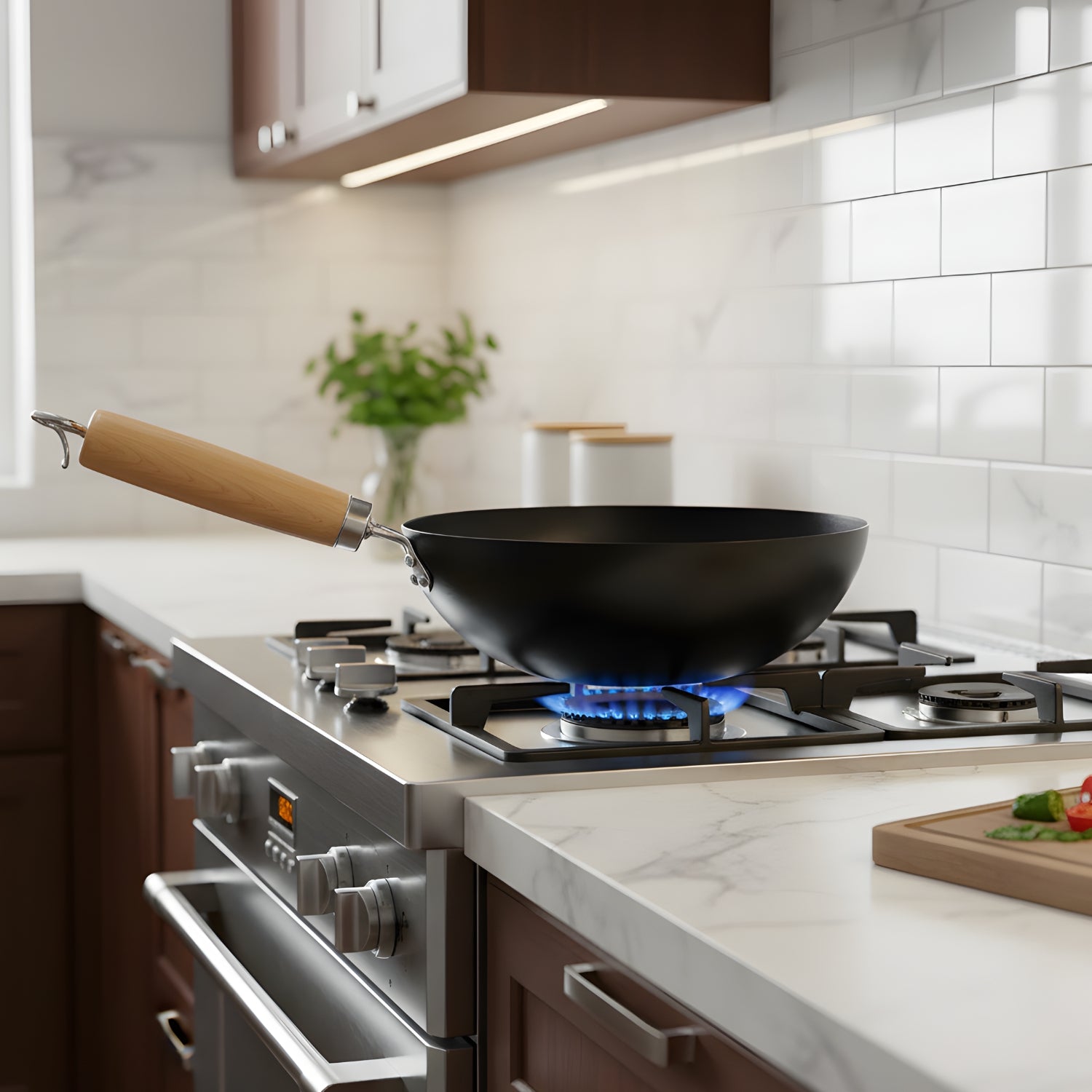 Black wok on a gas stove in a modern kitchen with marble countertops and white tiled walls.