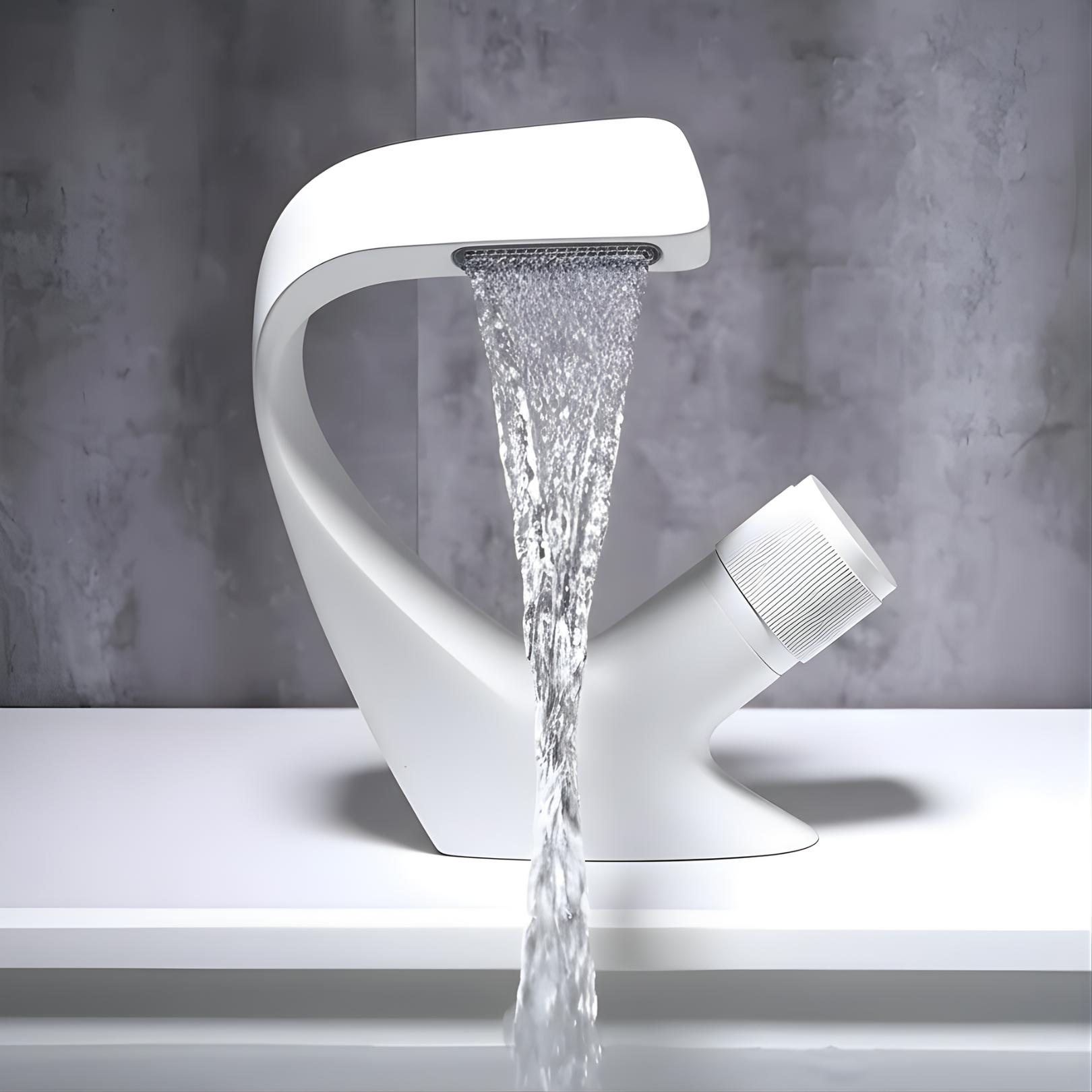 Modern white faucet with water flowing against a gray background