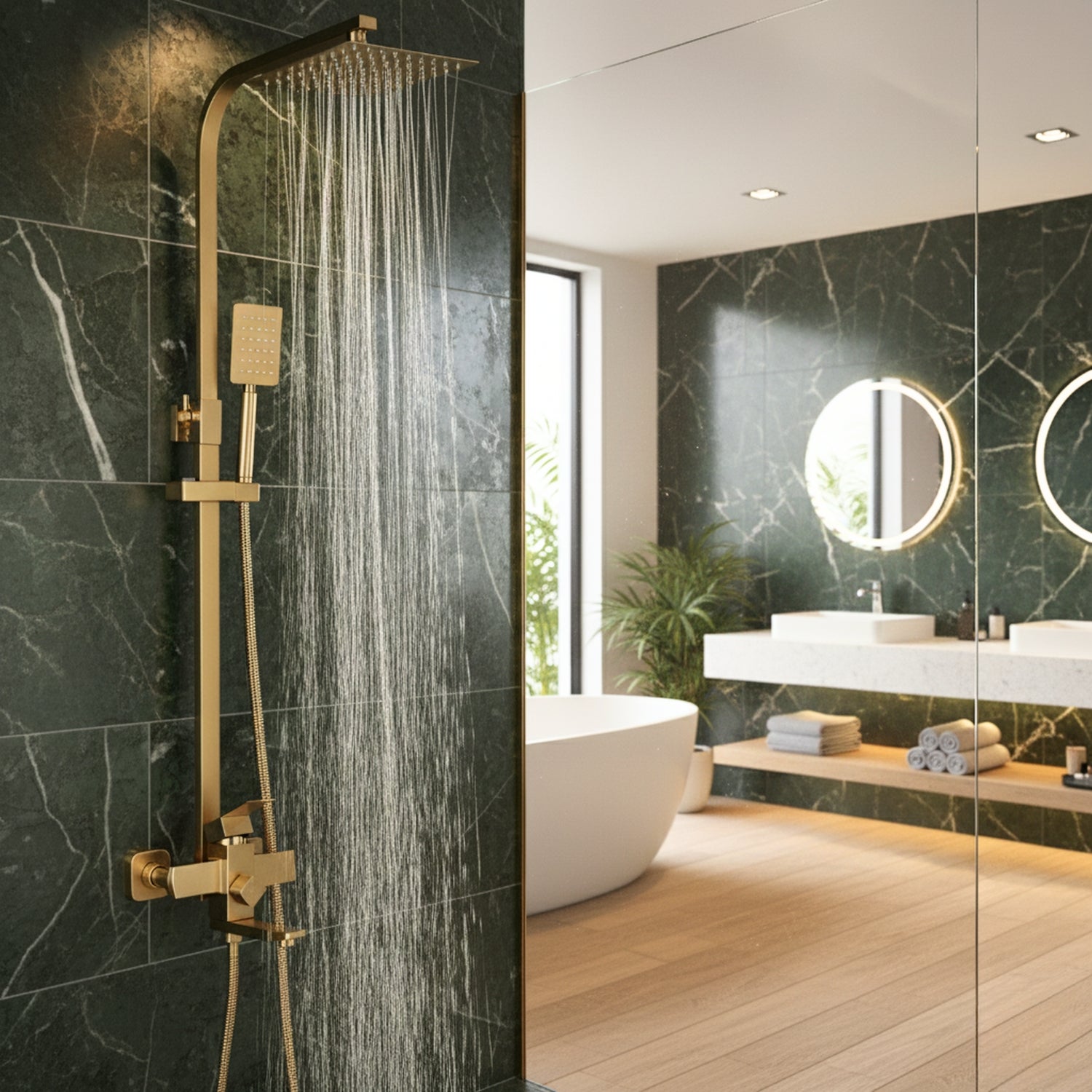 Modern bathroom with gold shower head and fixtures against a marble wall.