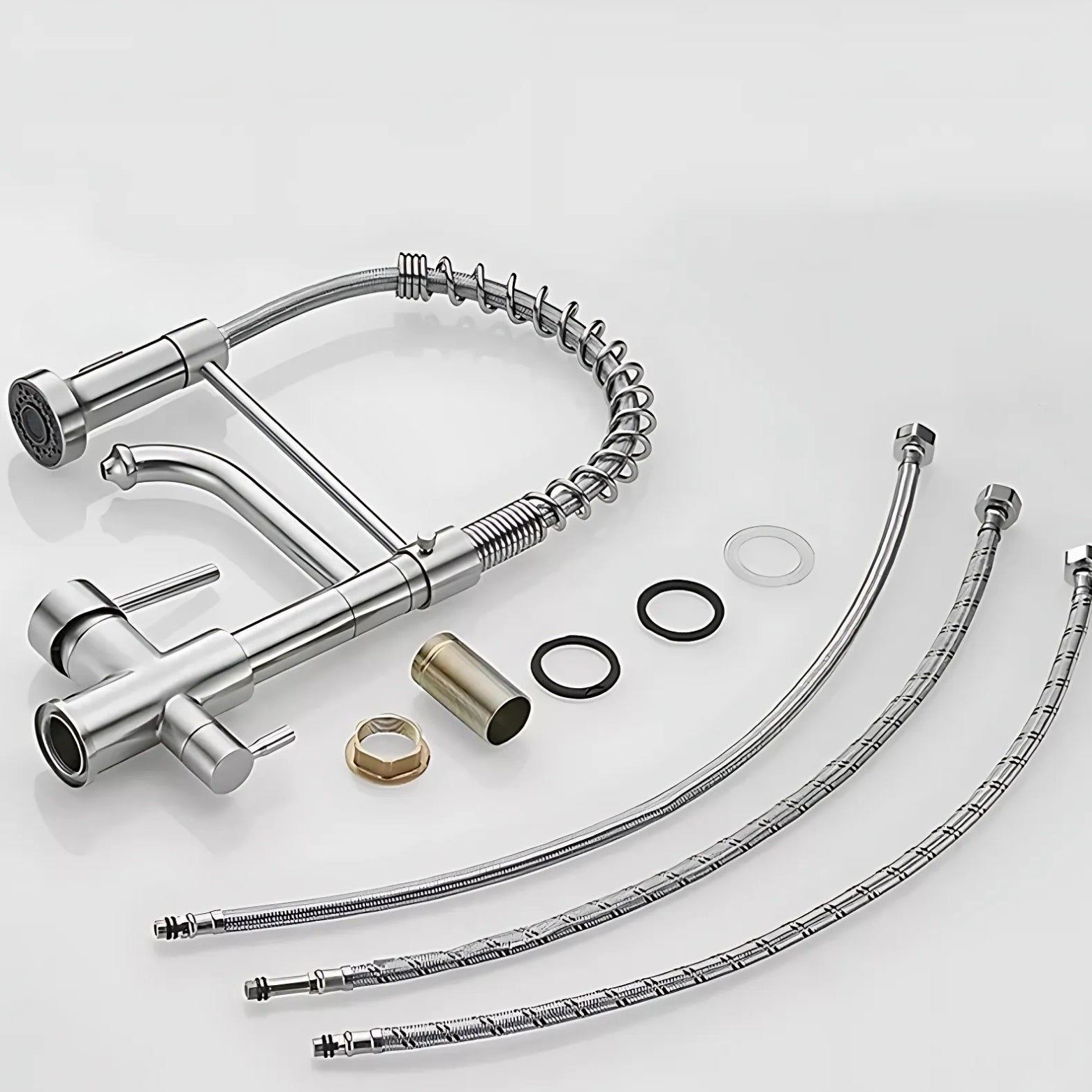 Kitchen faucet assembly with hoses and parts on a light gray background