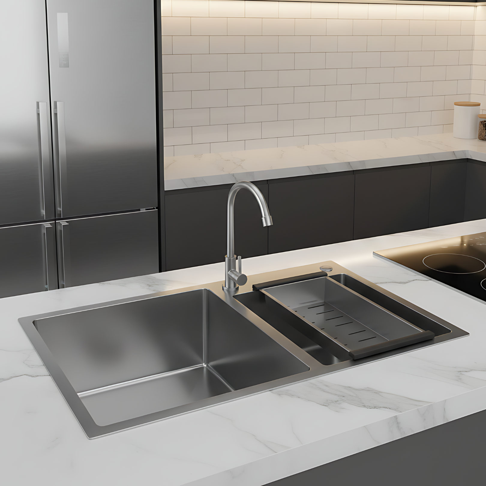 Strolberg - Drop-in Workstation Sink - Stainless Steel Double Bowl Kitchen Sink with Noise Reduction - Silver