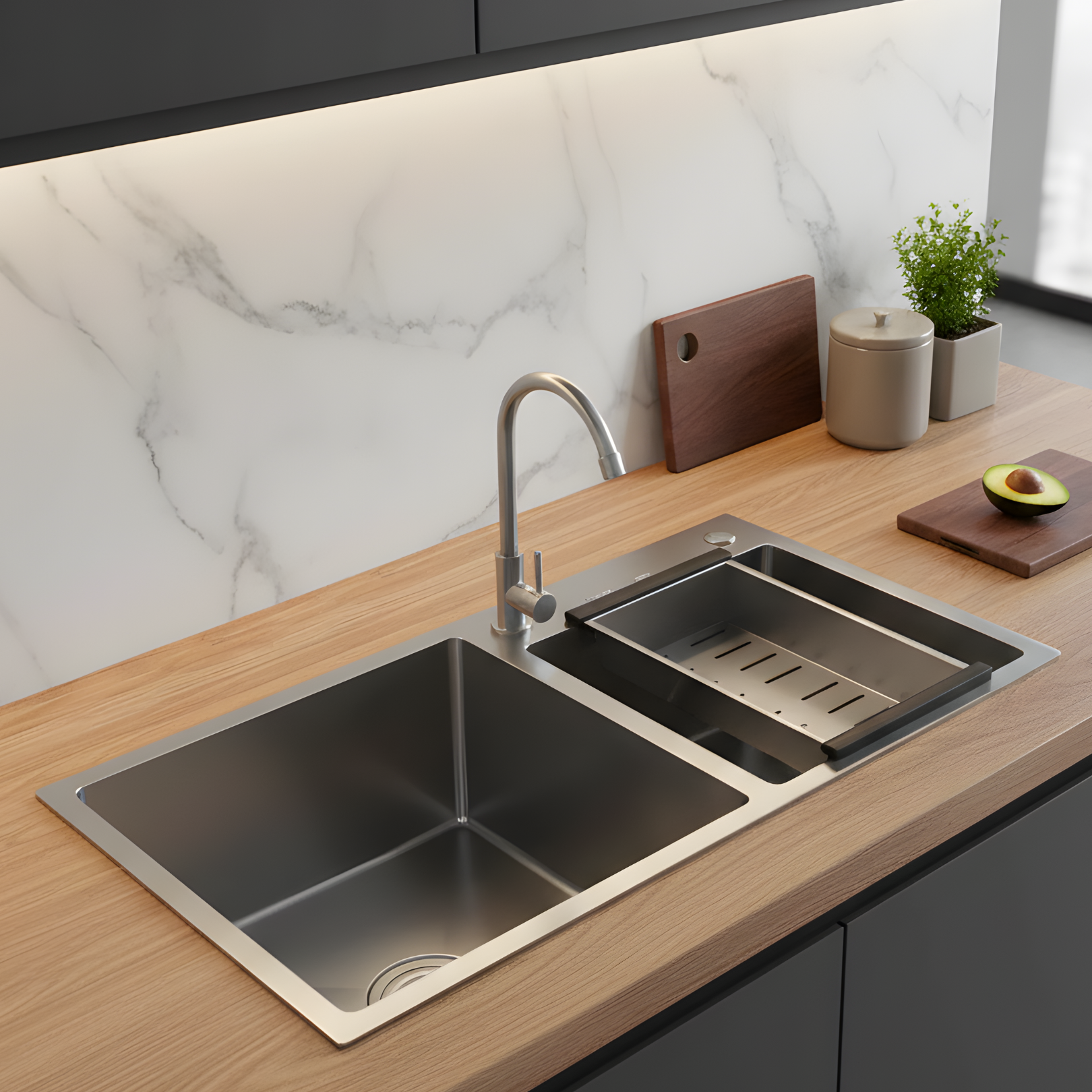 Strolberg - Drop-in Workstation Sink - Stainless Steel Double Bowl Kitchen Sink with Noise Reduction - Silver