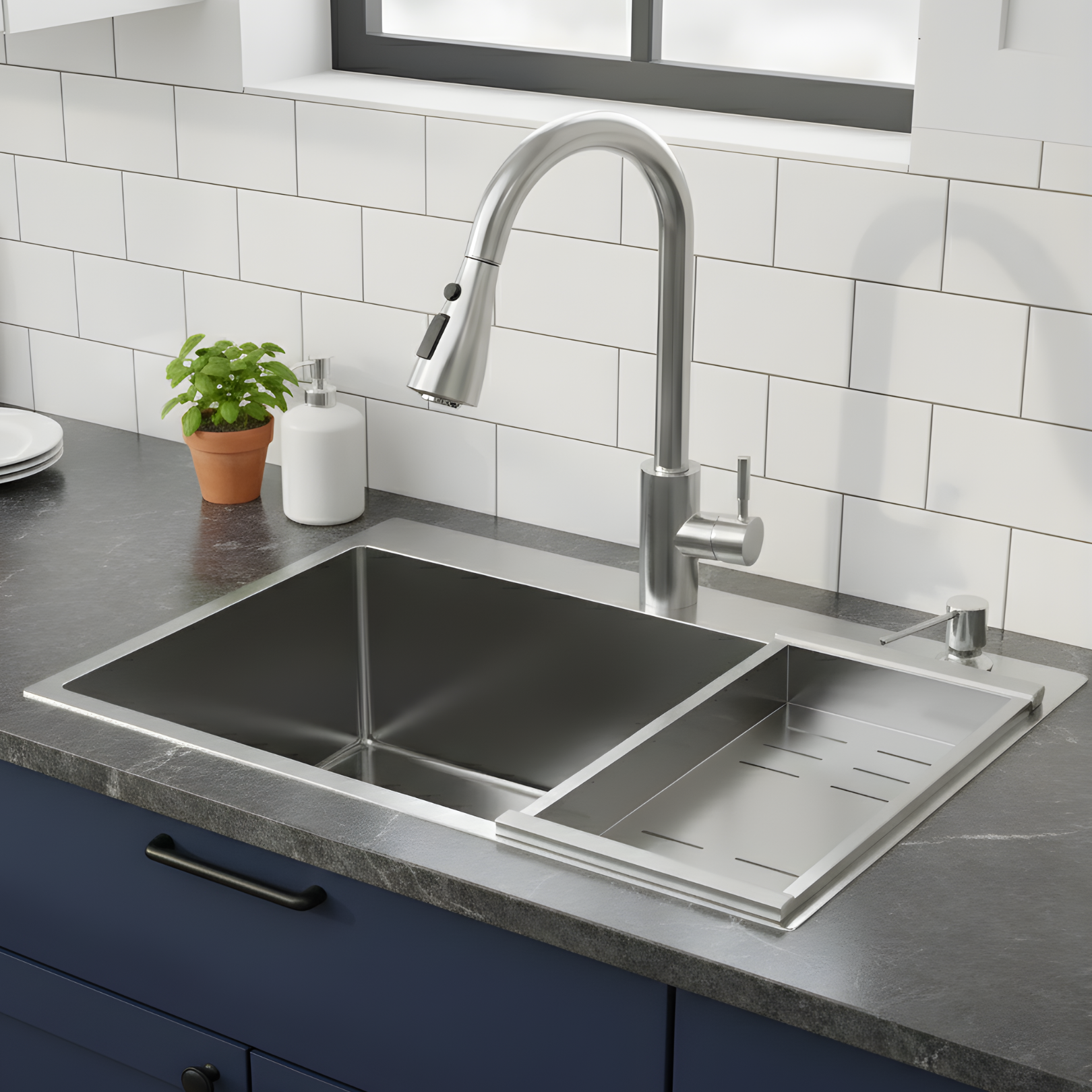 Stainless steel kitchen sink with faucet in a modern kitchen setting