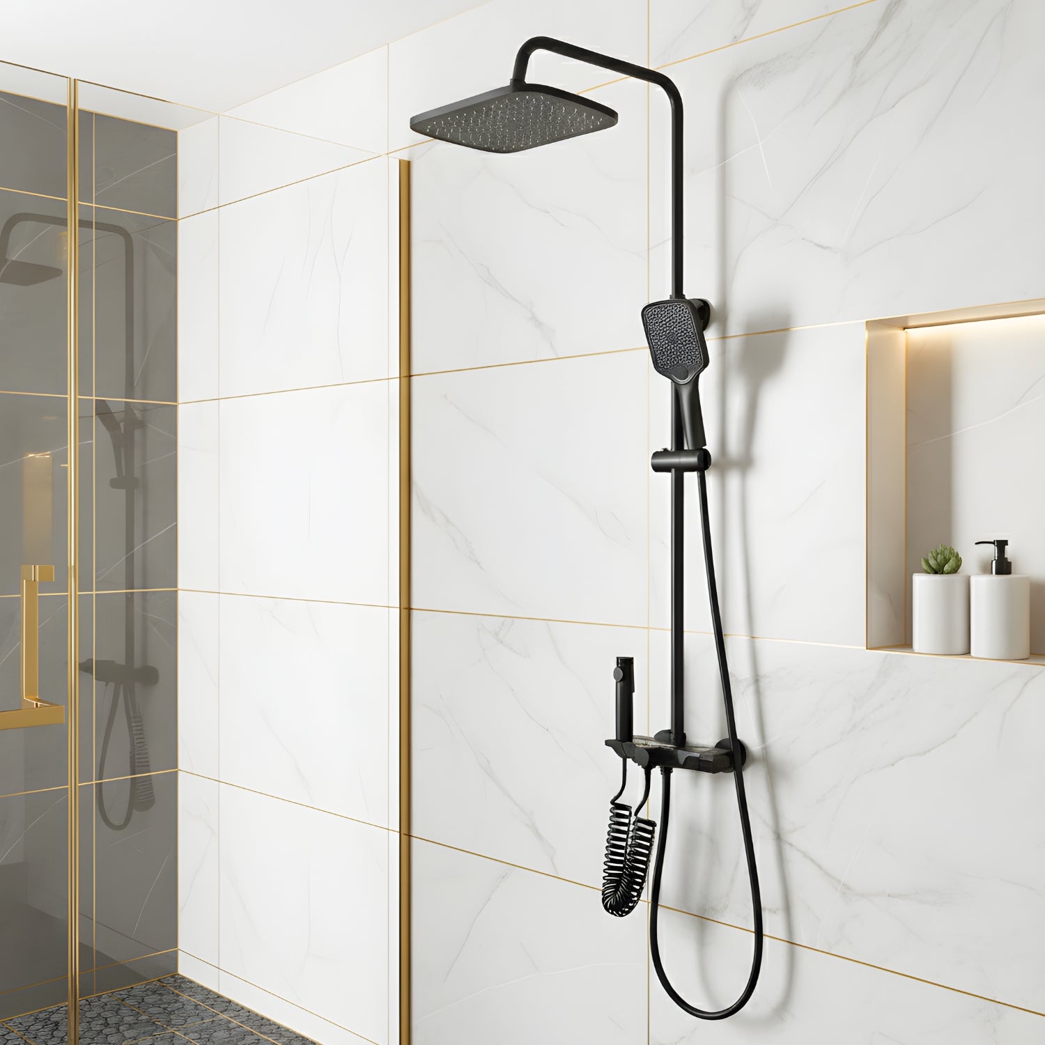 Black shower head and hose mounted on a tiled bathroom wall.