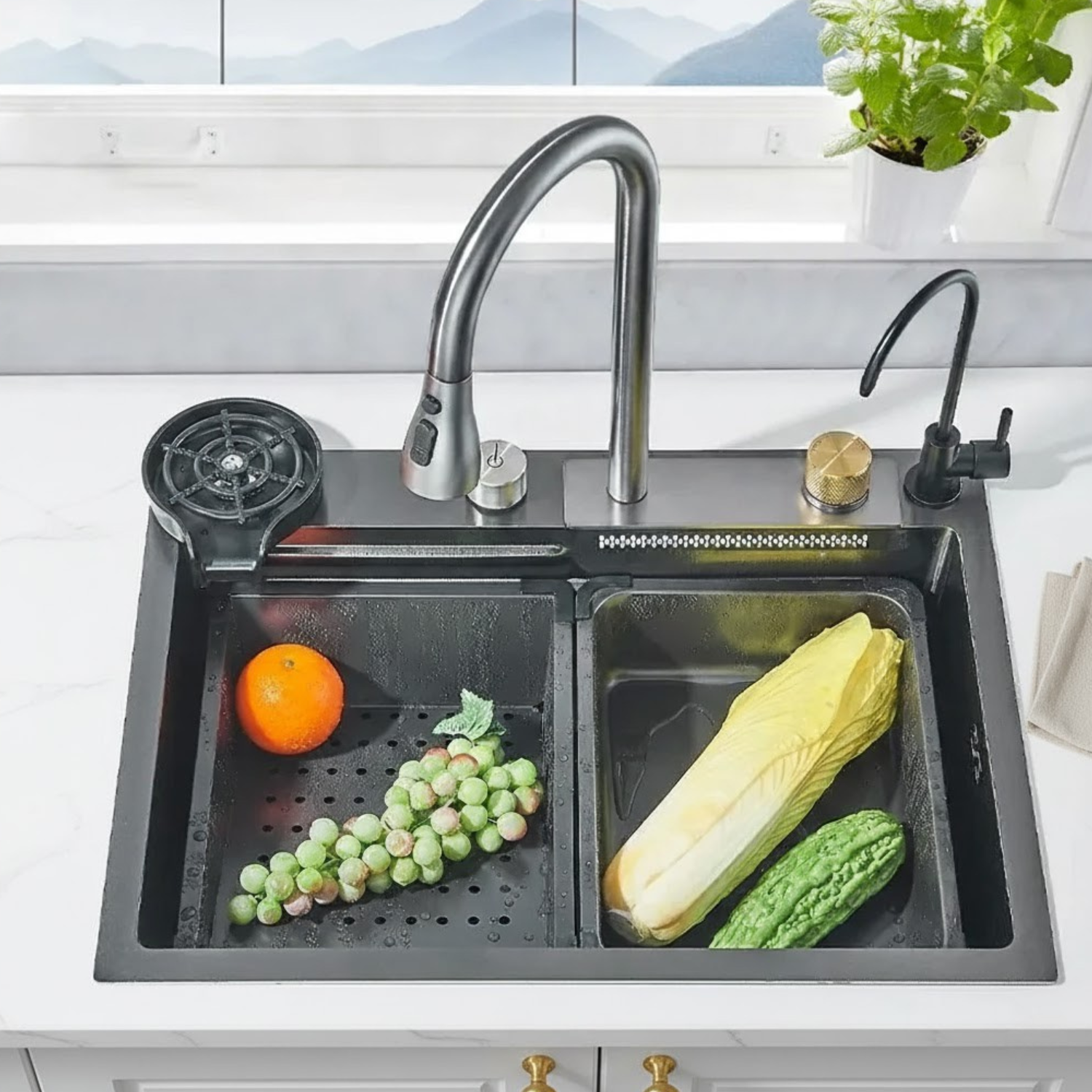 Black kitchen sink with fruits and vegetables on a white countertop