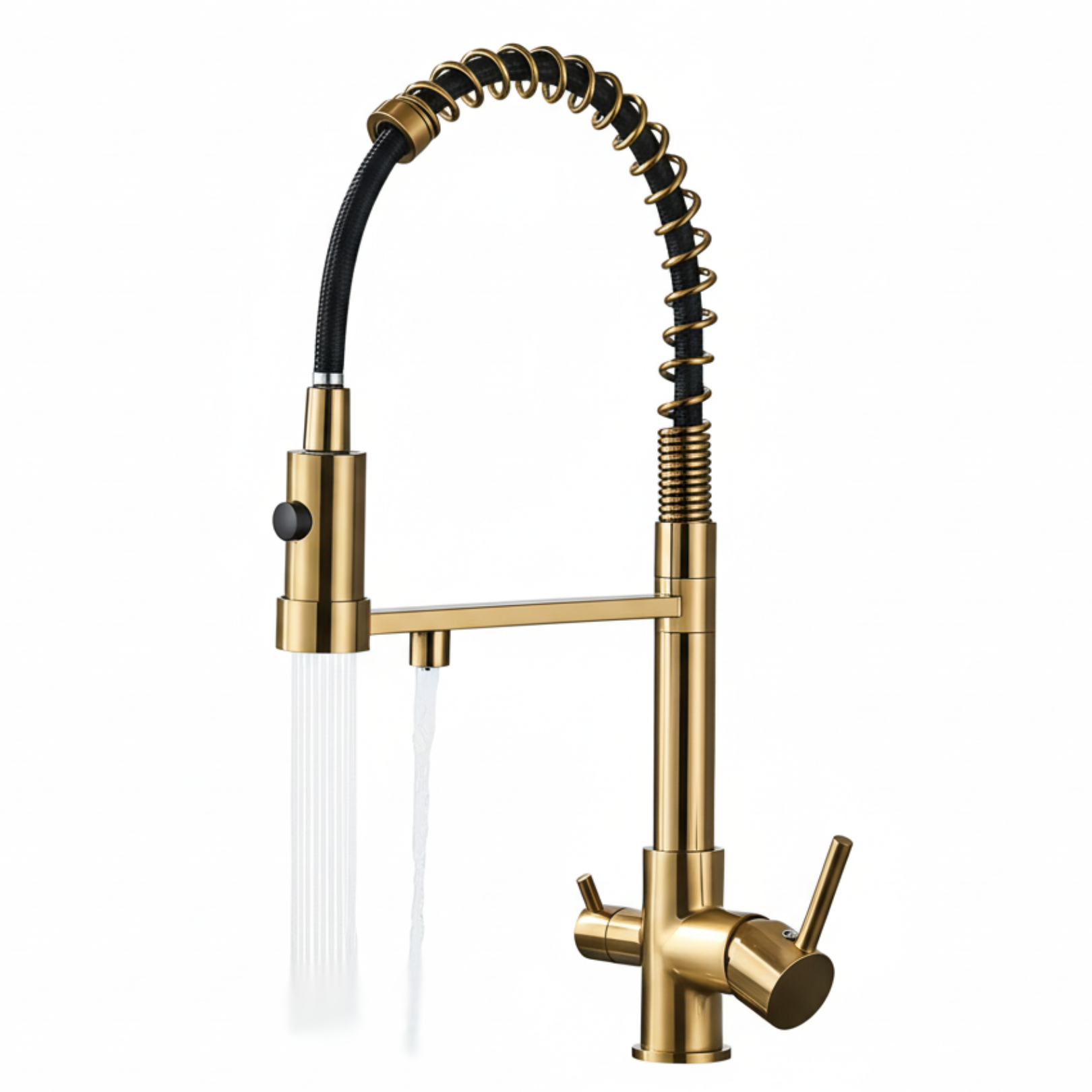 Gold kitchen faucet with a white background
