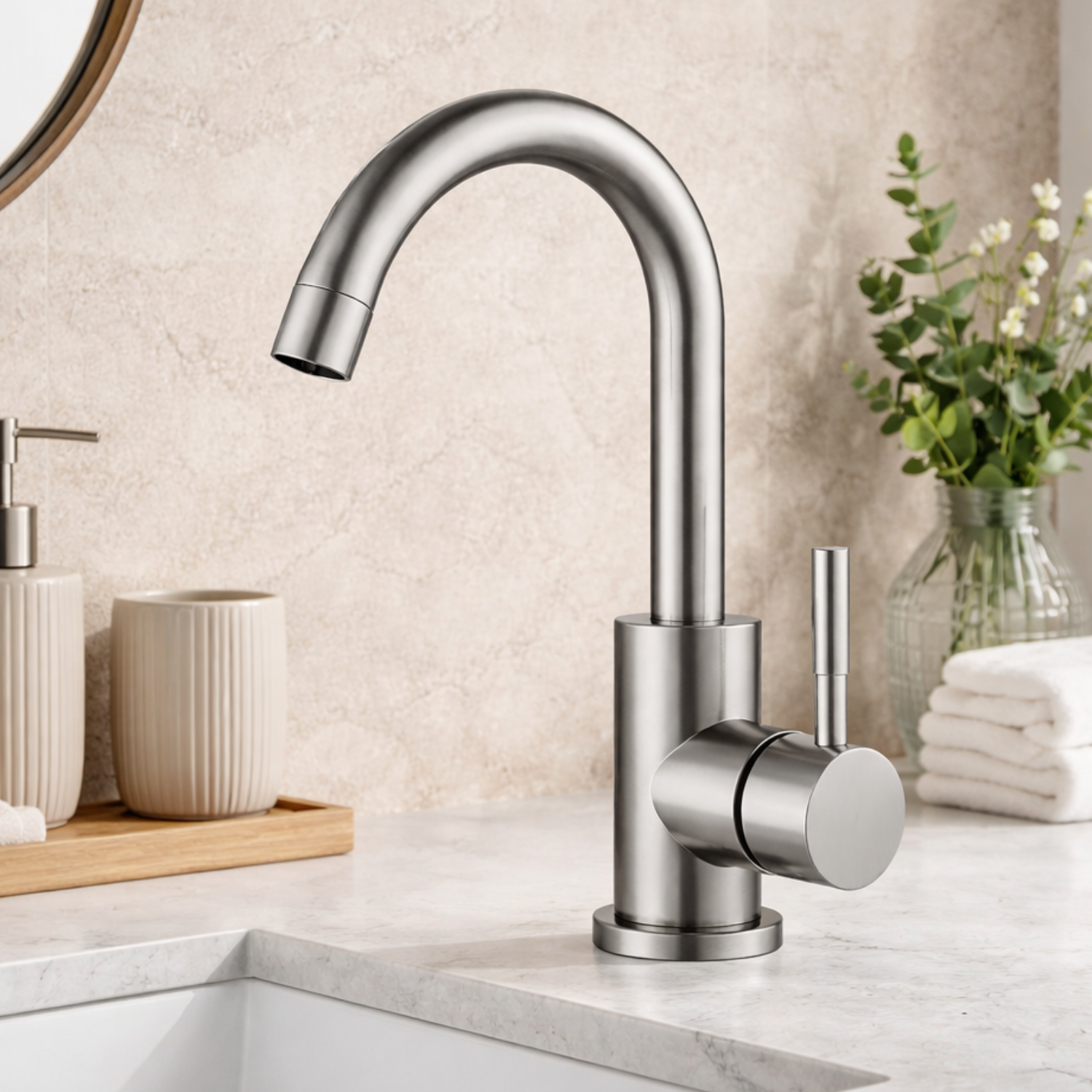 Copenhagen Gooseneck - Stainless Steel Bathroom Basin Faucet – Hot & Cold Mixer, 360° Rotating Single Handle Sink Tap