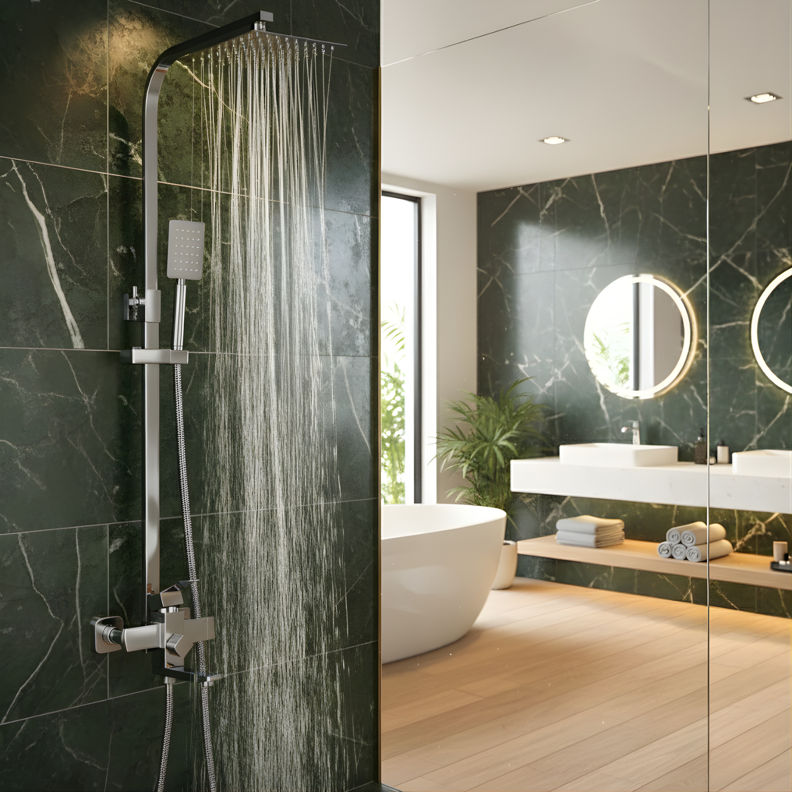 Modern bathroom with marble walls, a shower, and a sink.
