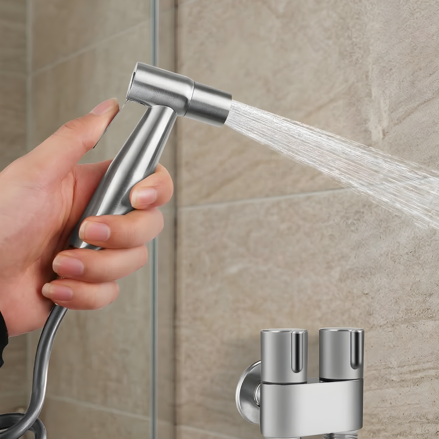 Glomma - Stainless Steel Bidet Spray Gun Set – Handheld Toilet Hygienic Shower with Double Outlet Angle Valve