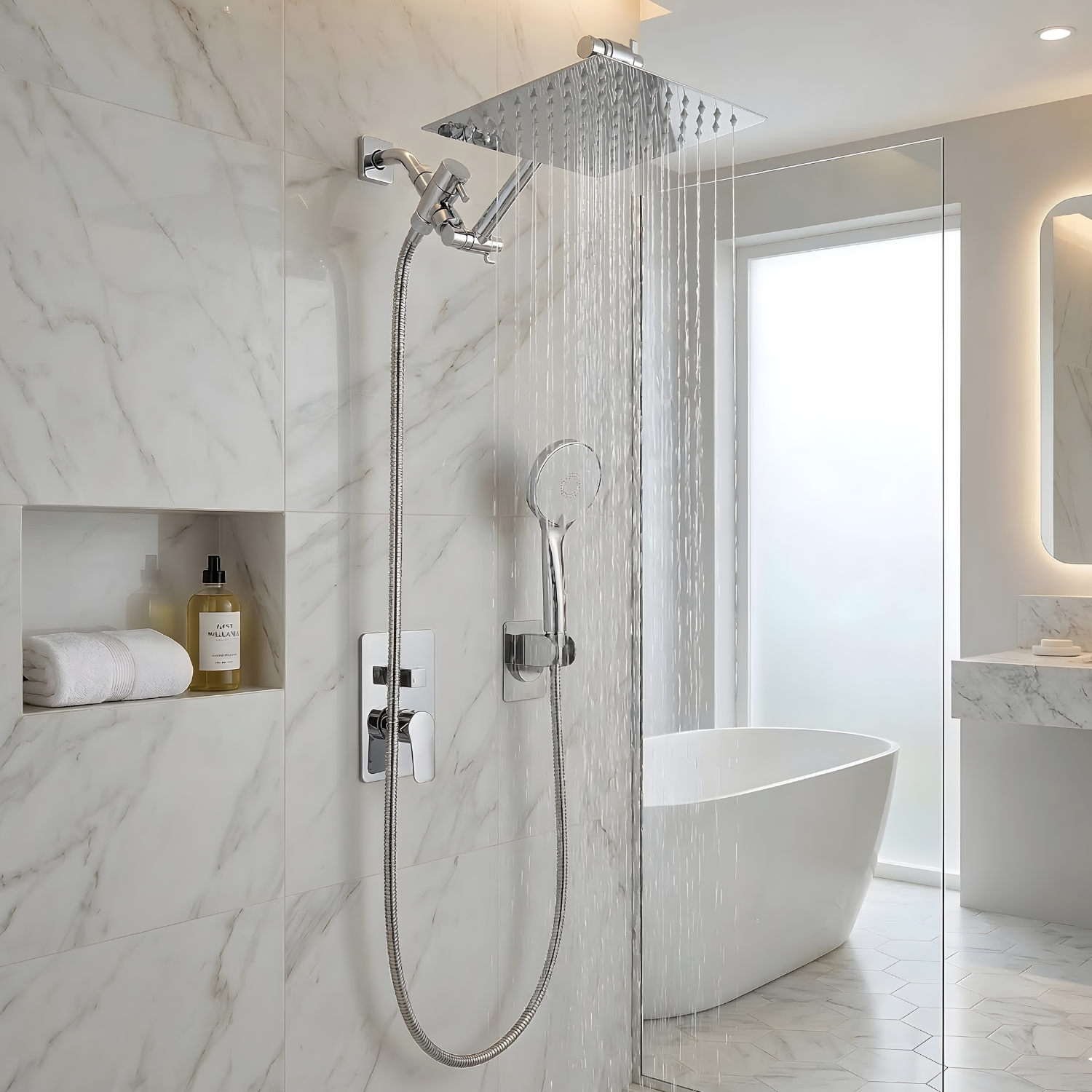 Halling - 8-12 Inch Square Rain Shower Head Combo High Pressure with Handheld Shower Spray & Extension Arm