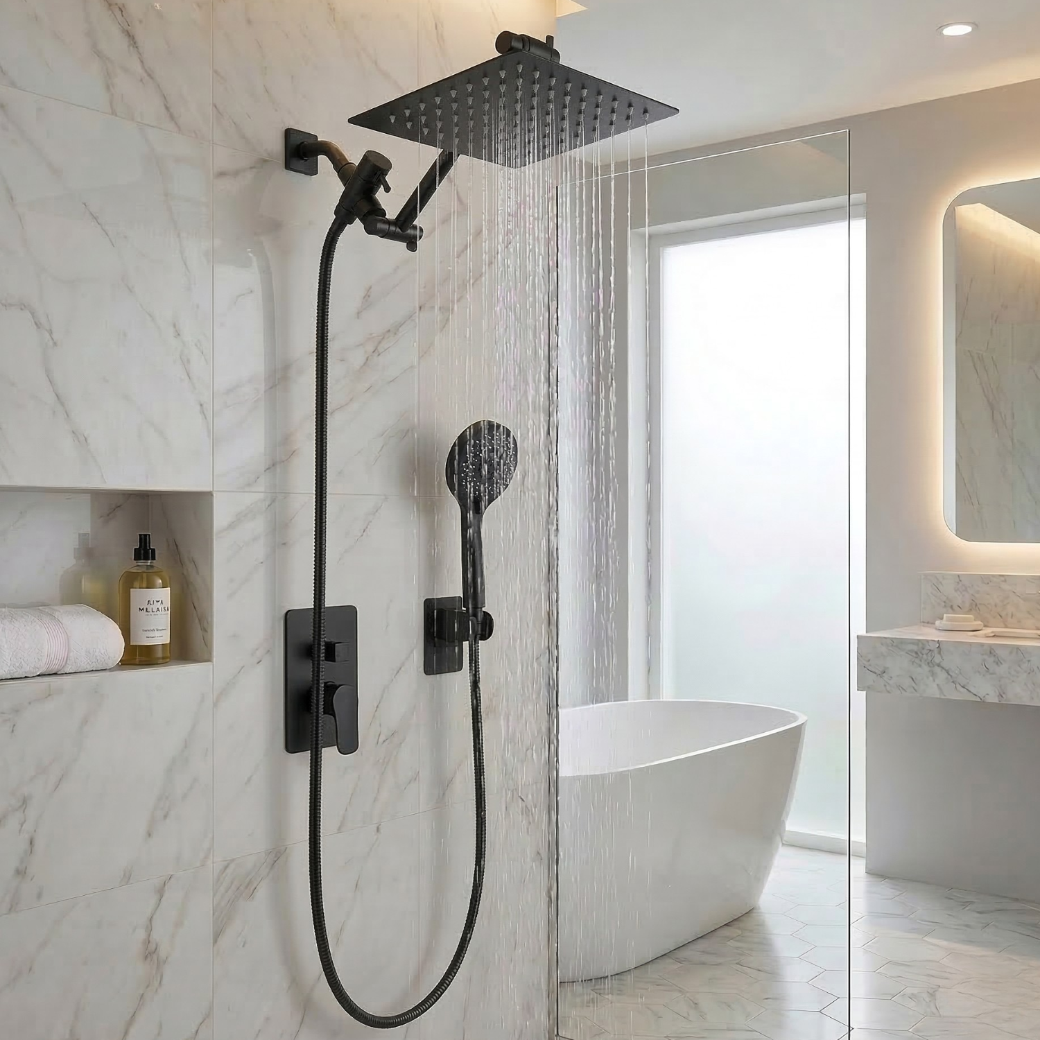 Halling - 8-12 Inch Square Rain Shower Head Combo High Pressure with Handheld Shower Spray & Extension Arm