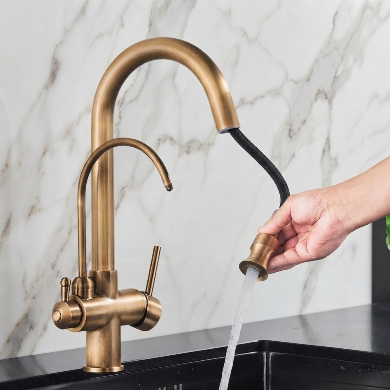 Karlstad Antique - 3-Way Kitchen Faucet with Filter Tap & Pull-Out Sprayer for Kitchen Sink
