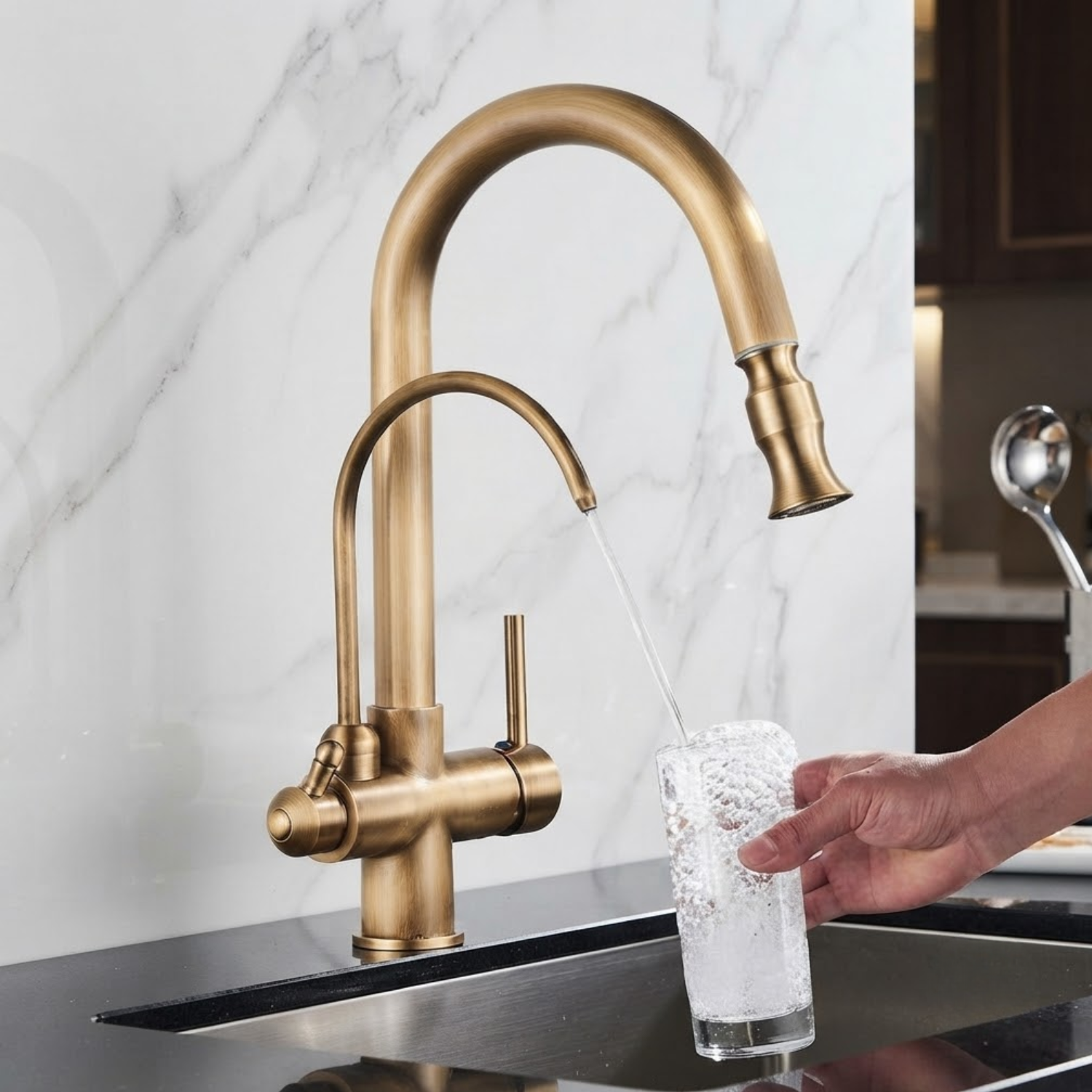 Karlstad Antique - 3-Way Kitchen Faucet with Filter Tap & Pull-Out Sprayer for Kitchen Sink