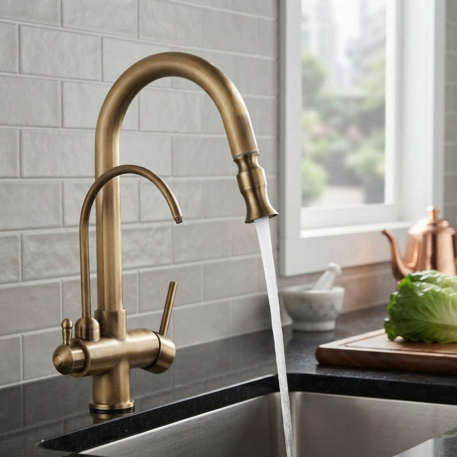 Karlstad Antique - 3-Way Kitchen Faucet with Filter Tap & Pull-Out Sprayer for Kitchen Sink