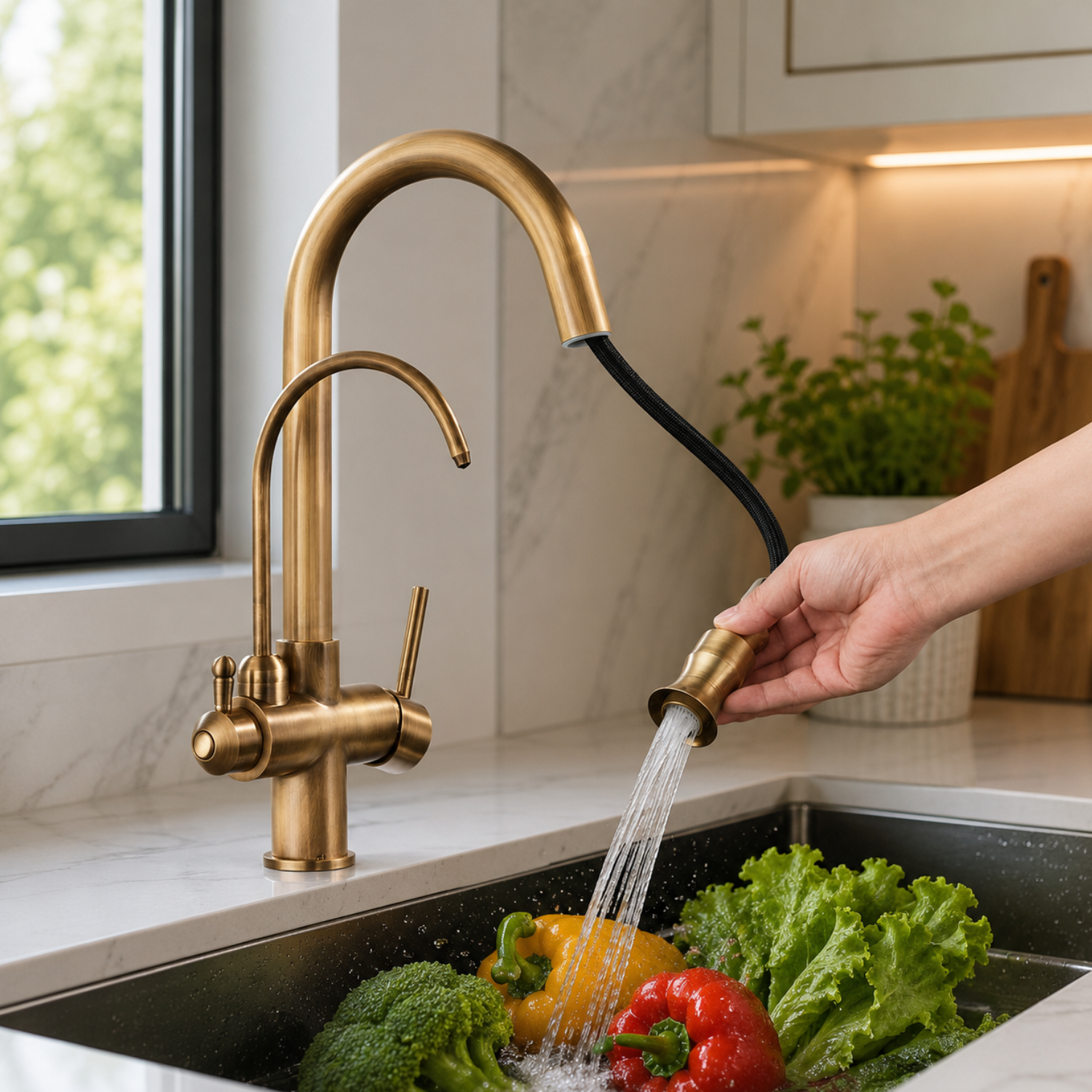 Karlstad Antique - 3-Way Kitchen Faucet with Filter Tap & Pull-Out Sprayer for Kitchen Sink