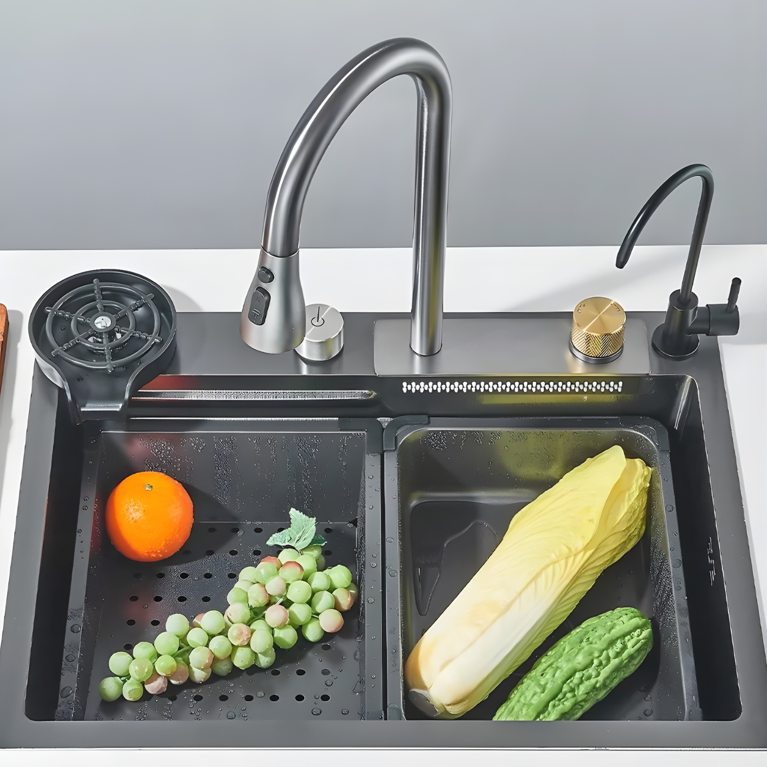 Modern kitchen sink with fruit and vegetables on a gray background