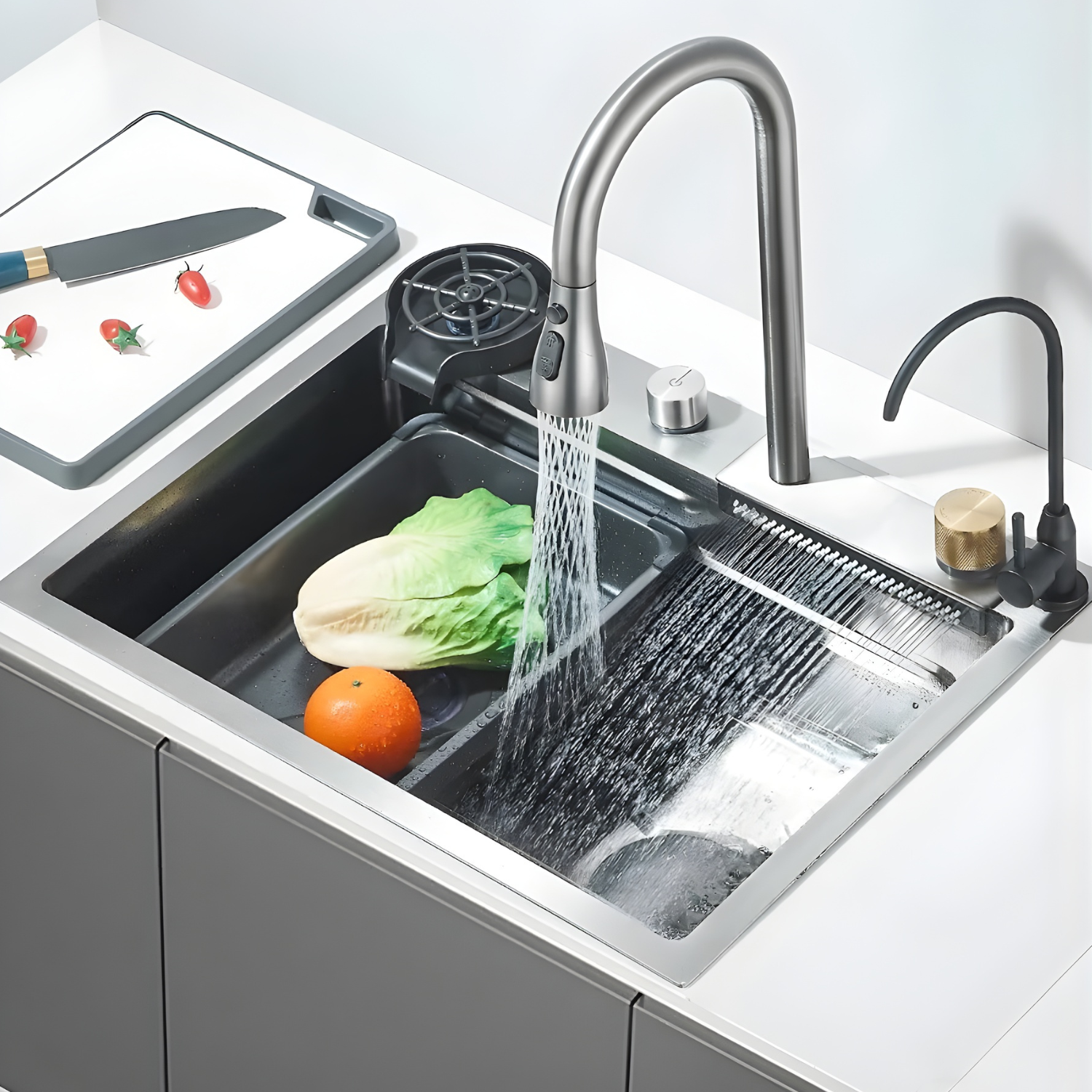Modern kitchen sink with running water, vegetables, and a cutting board.