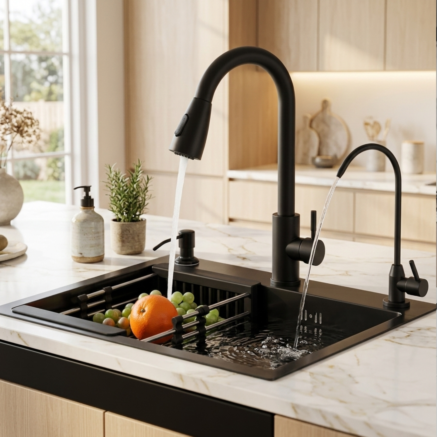 Modern kitchen sink with black faucet and running water, surrounded by fruits and a plant.