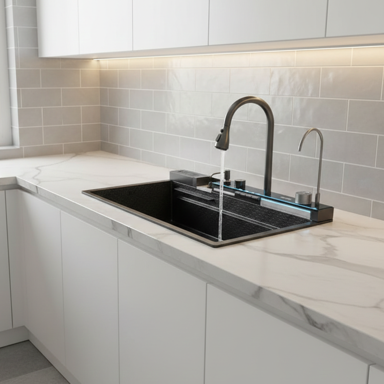 Modern kitchen sink with black faucet in a clean, minimalistic setting.