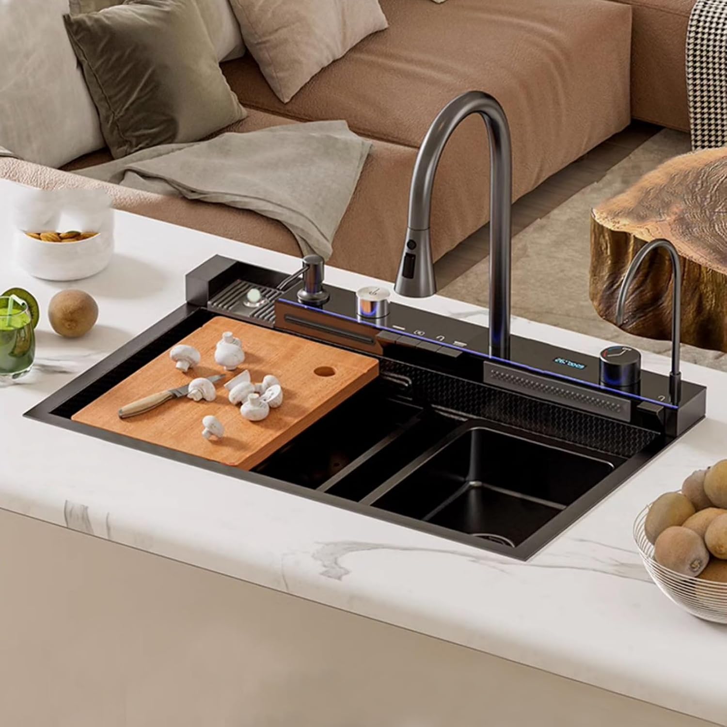 Modern kitchen sink with cutting board and faucet in a home setting