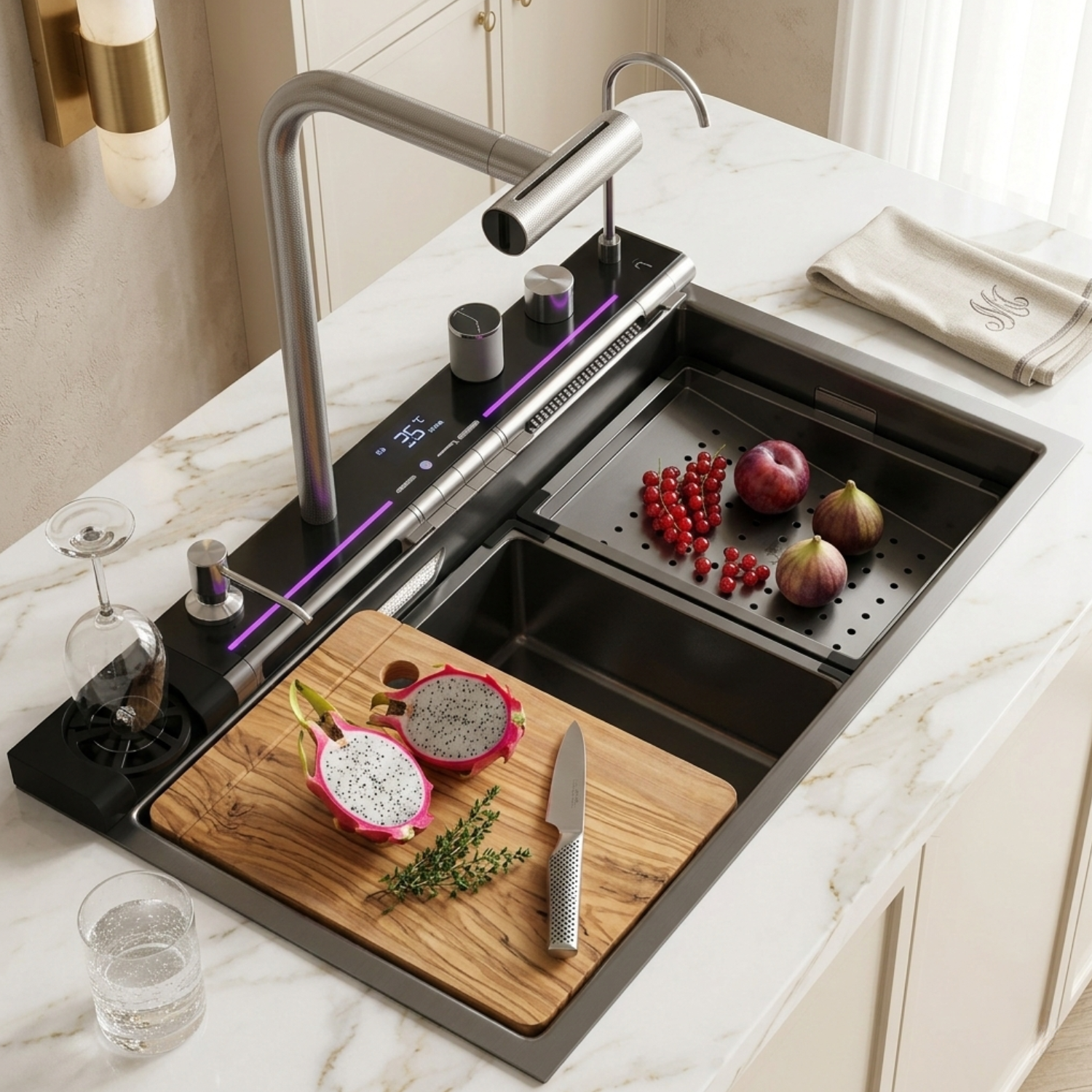 Modern kitchen sink with cutting board, fruits, and vegetables on a marble countertop.
