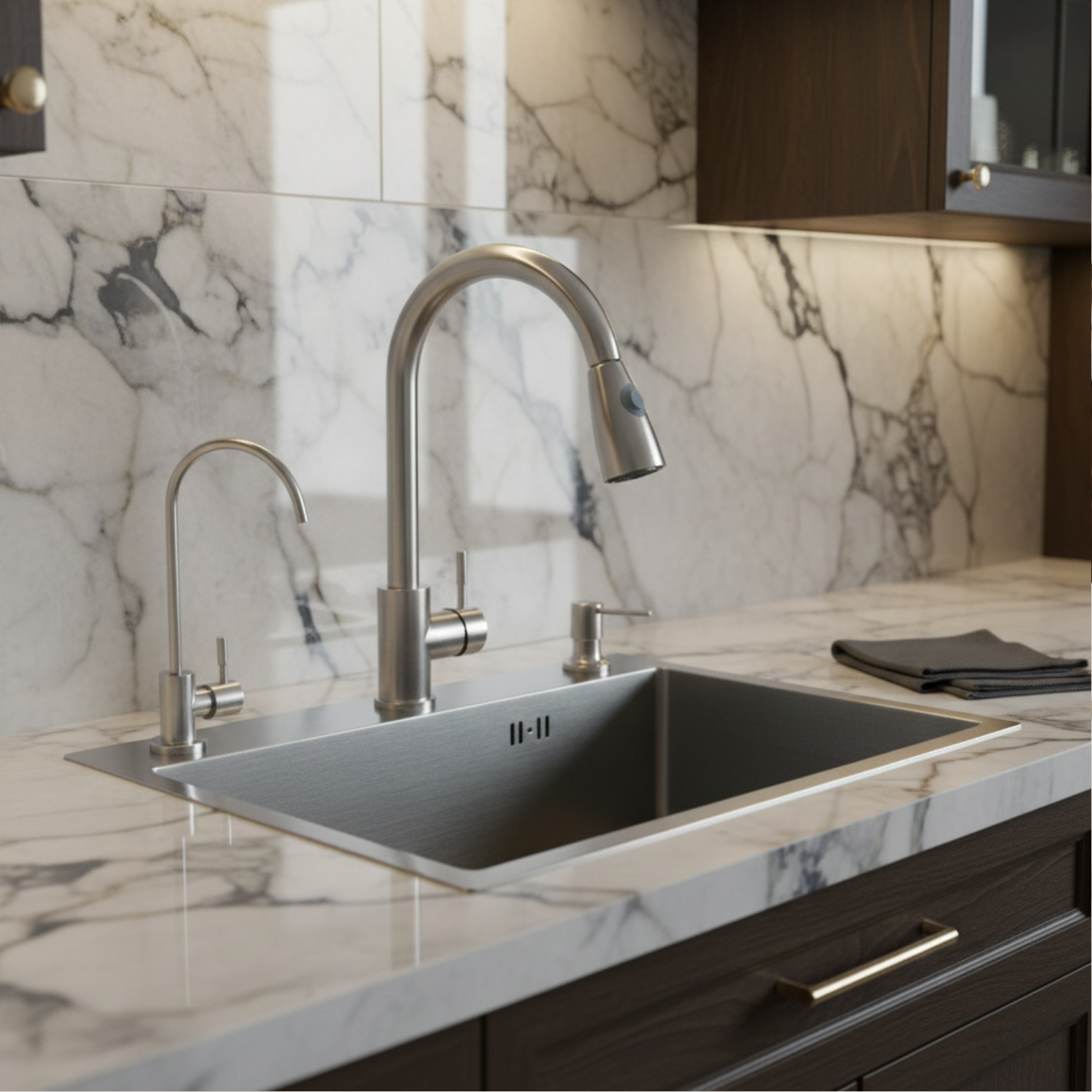 Modern kitchen sink with faucet against a marble backsplash