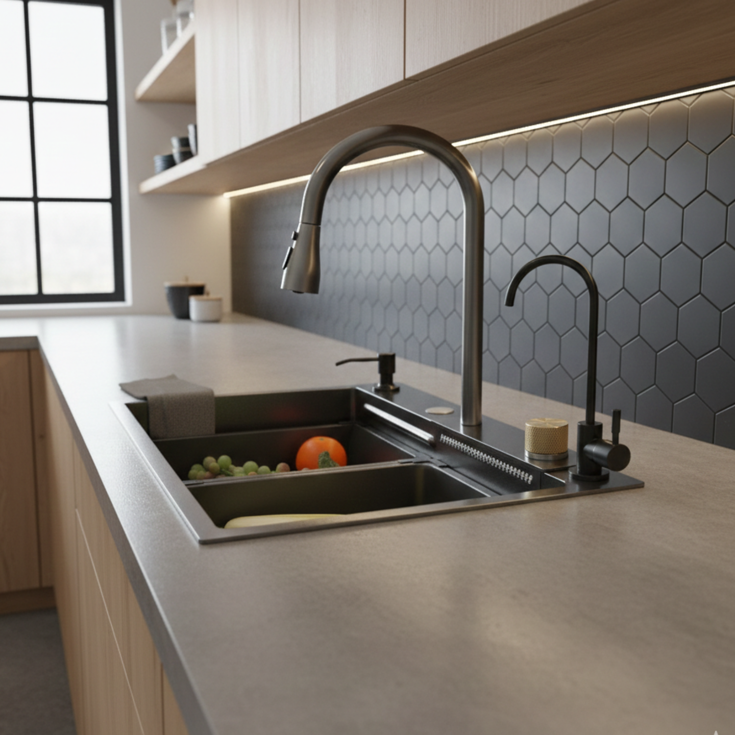 Modern kitchen sink with faucet and hexagonal tile backsplash