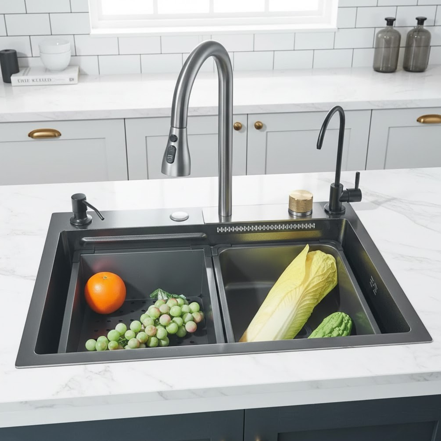 Modern kitchen sink with fruits and vegetables on a white countertop