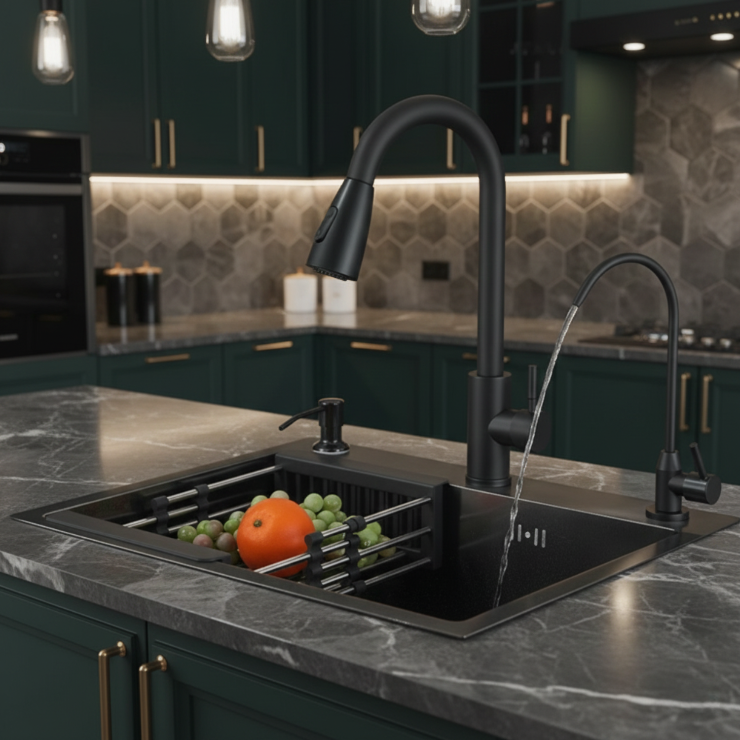 Modern kitchen with a black faucet and sink, featuring a marble countertop.