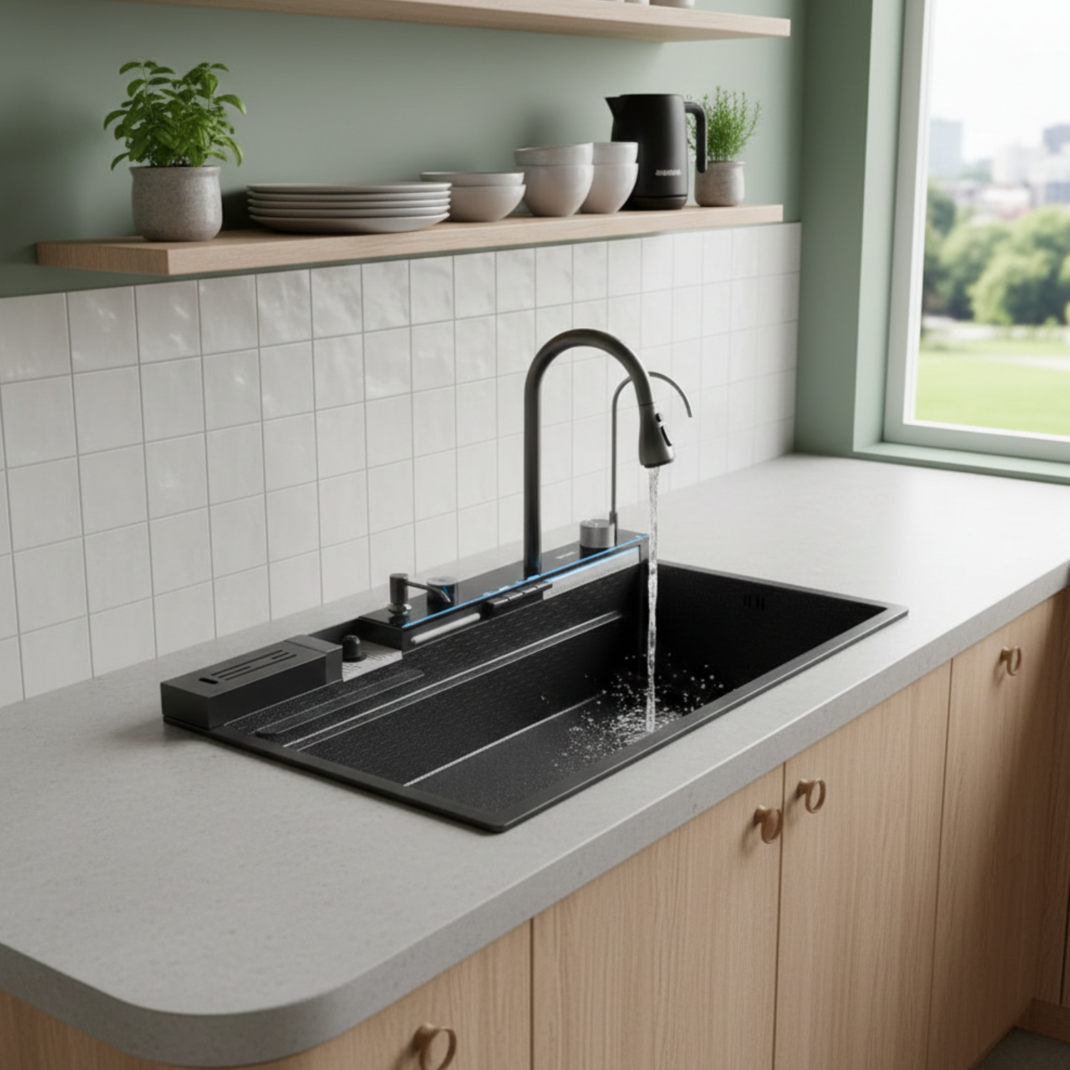 Modern kitchen with a black sink and faucet, light-colored cabinets, and a window view.