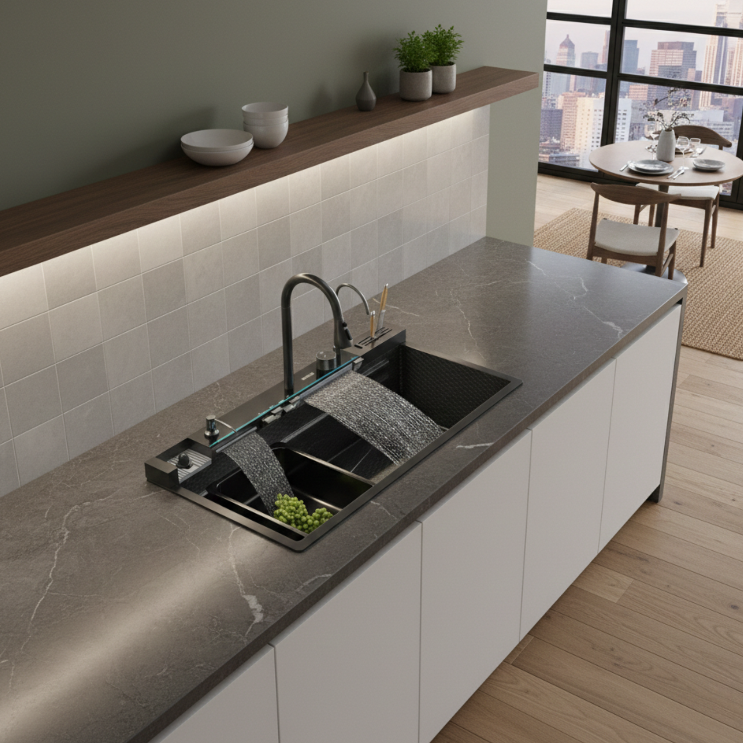 Modern kitchen with a double sink and marble countertop