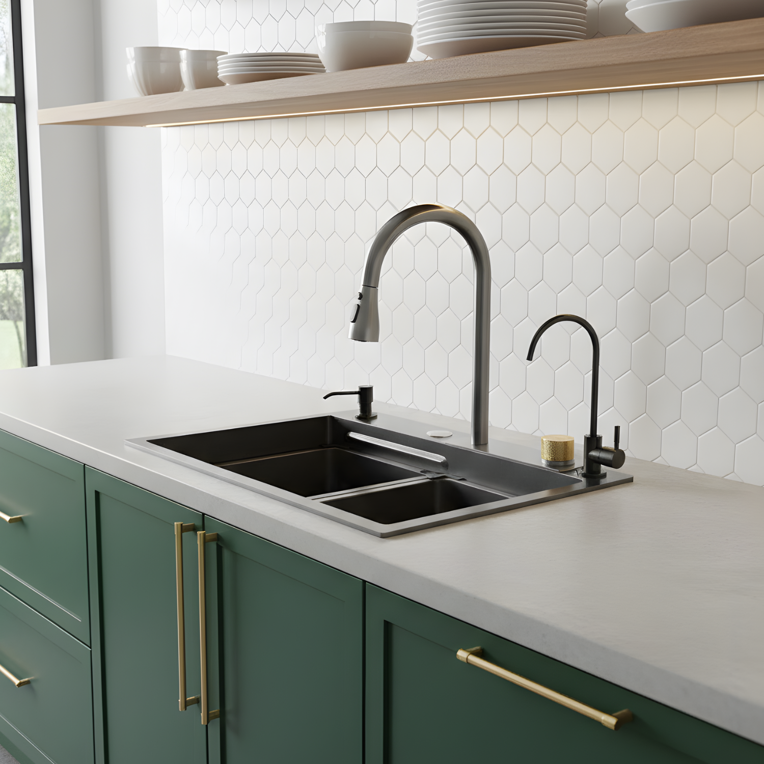 Modern kitchen with a double sink, green cabinets, and white hexagonal tiles on the wall.