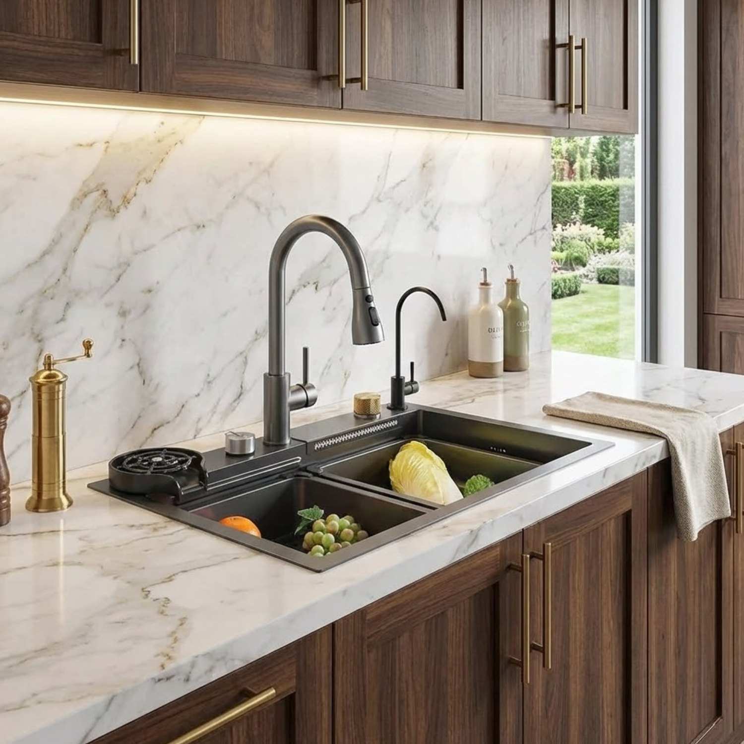 Modern kitchen with marble countertop, stainless steel sink, and wooden cabinets.