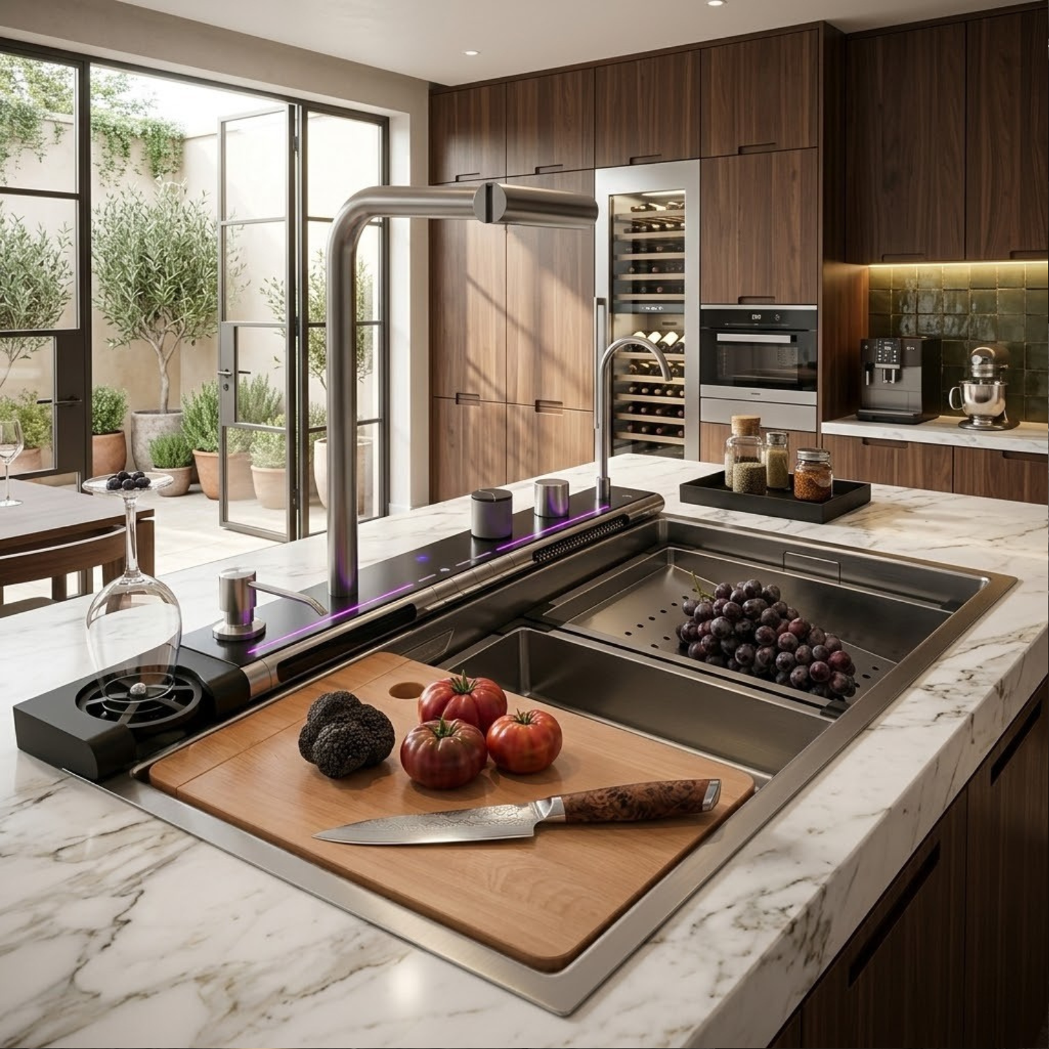 Modern kitchen with marble countertops, stainless steel appliances, and a cutting board with fruits and vegetables.