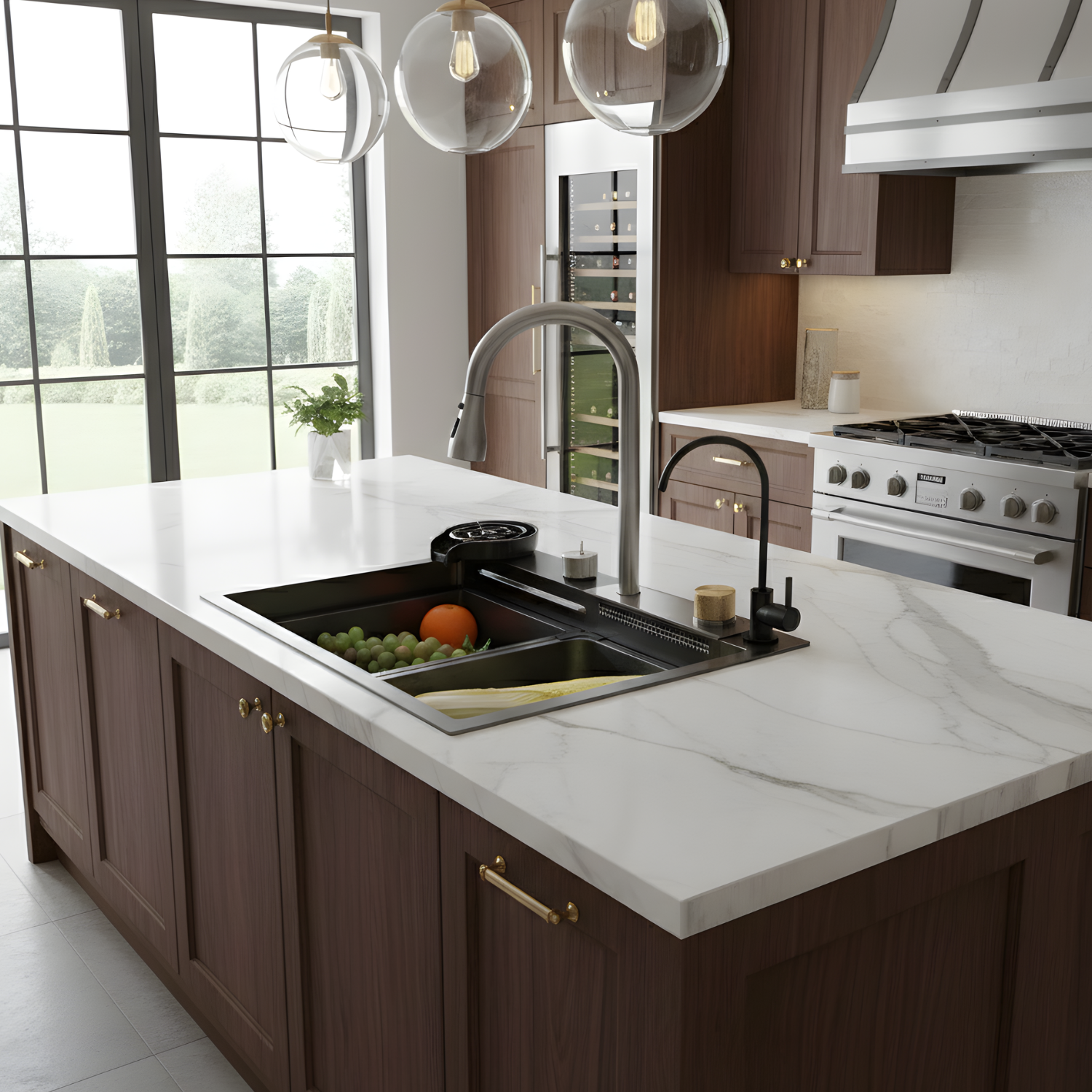 Modern kitchen with marble island, stainless steel appliances, and pendant lights.