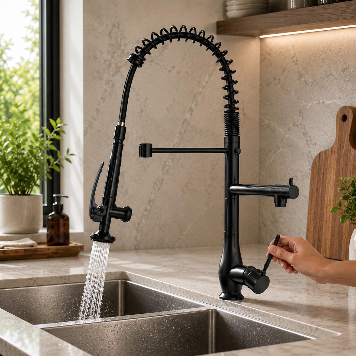 Oulanka - Commercial Single-Handle Kitchen Faucet with Dual-Outlet High-Arc Spring Sink Tap