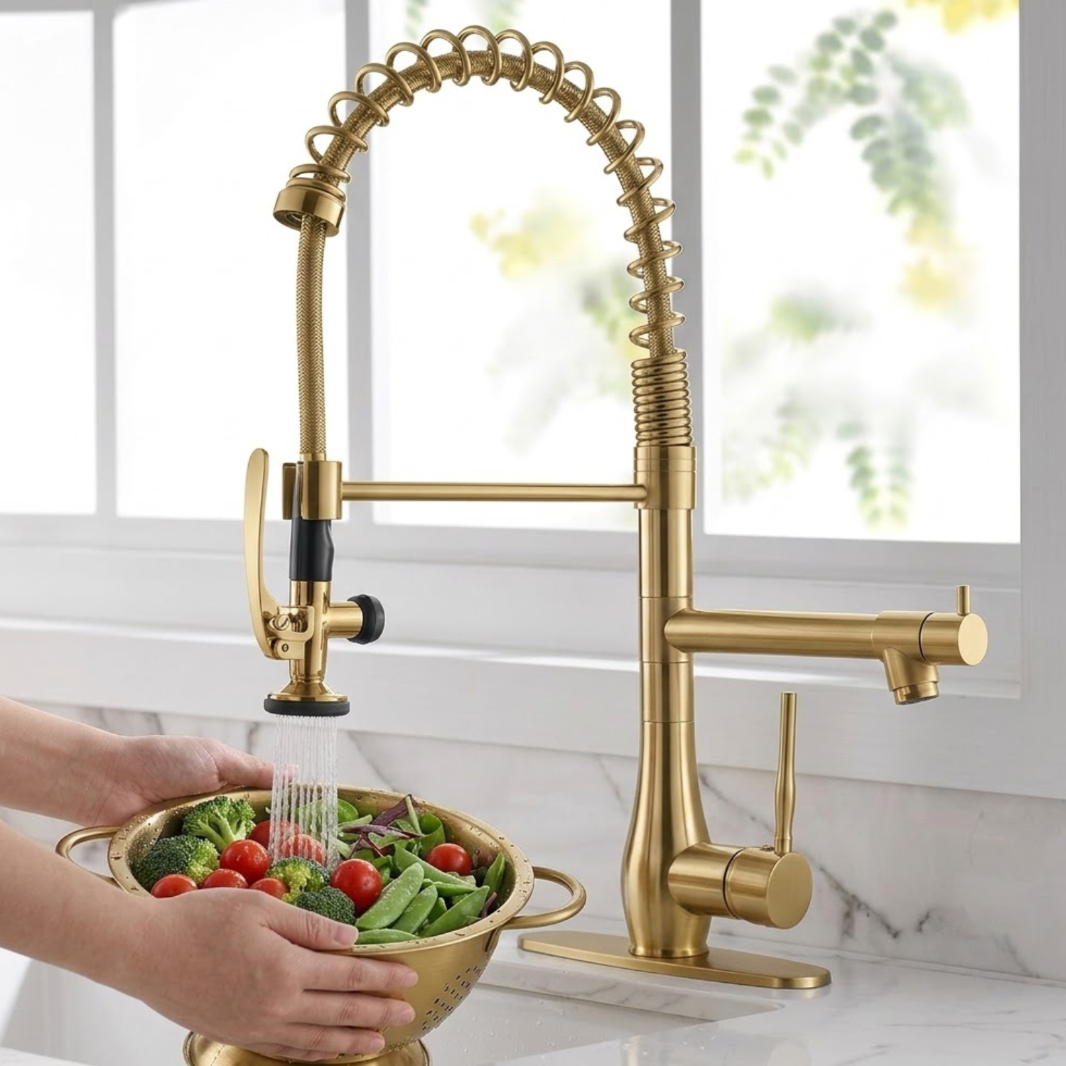 Oulanka - Commercial Single-Handle Kitchen Faucet with Dual-Outlet High-Arc Spring Sink Tap