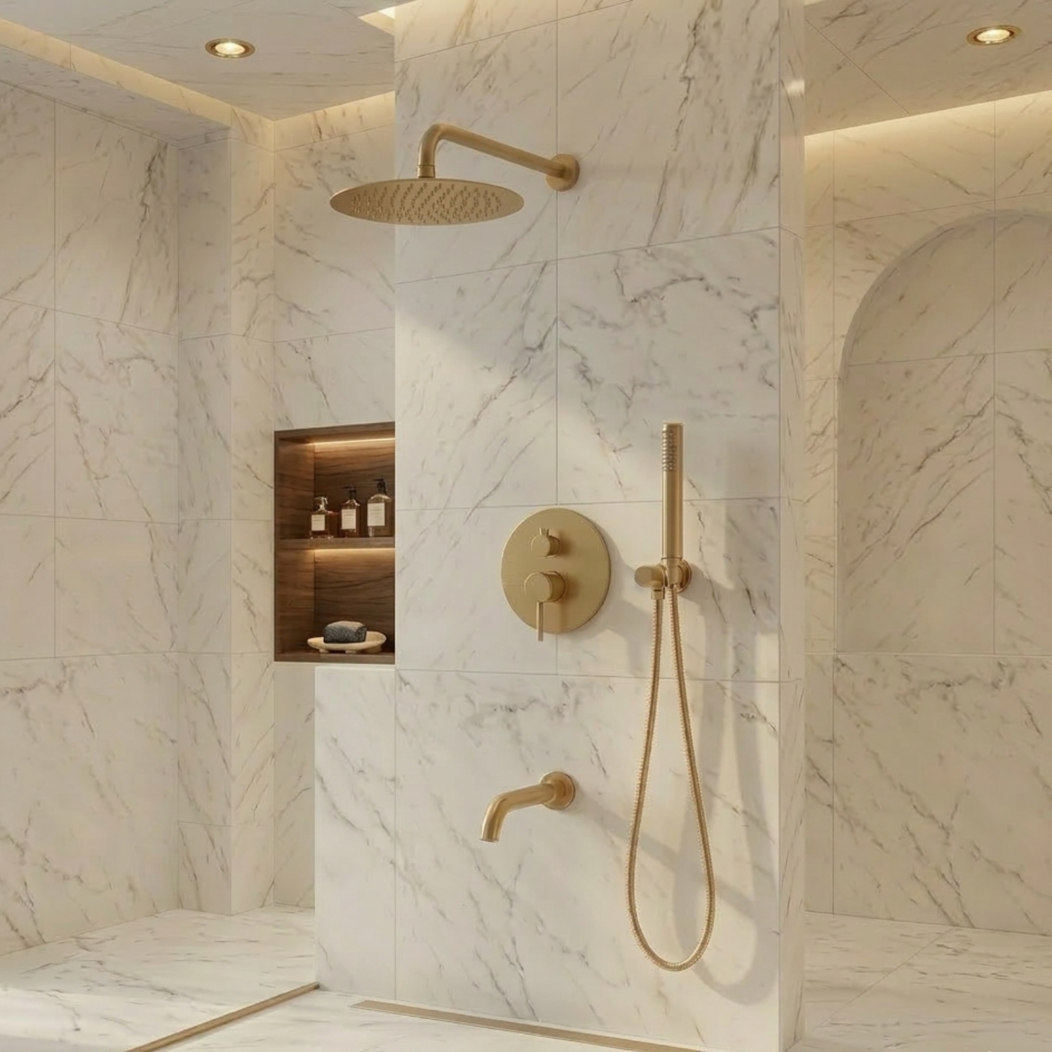 Odense -Brushed Gold Shower Faucet Wall Mounted Big Rainfall Head Hand Sprayer Set