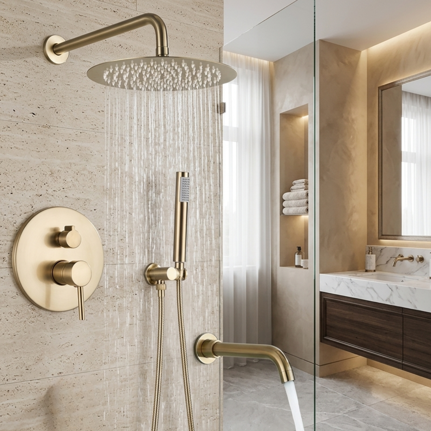Odense -Brushed Gold Shower Faucet Wall Mounted Big Rainfall Head Hand Sprayer Set