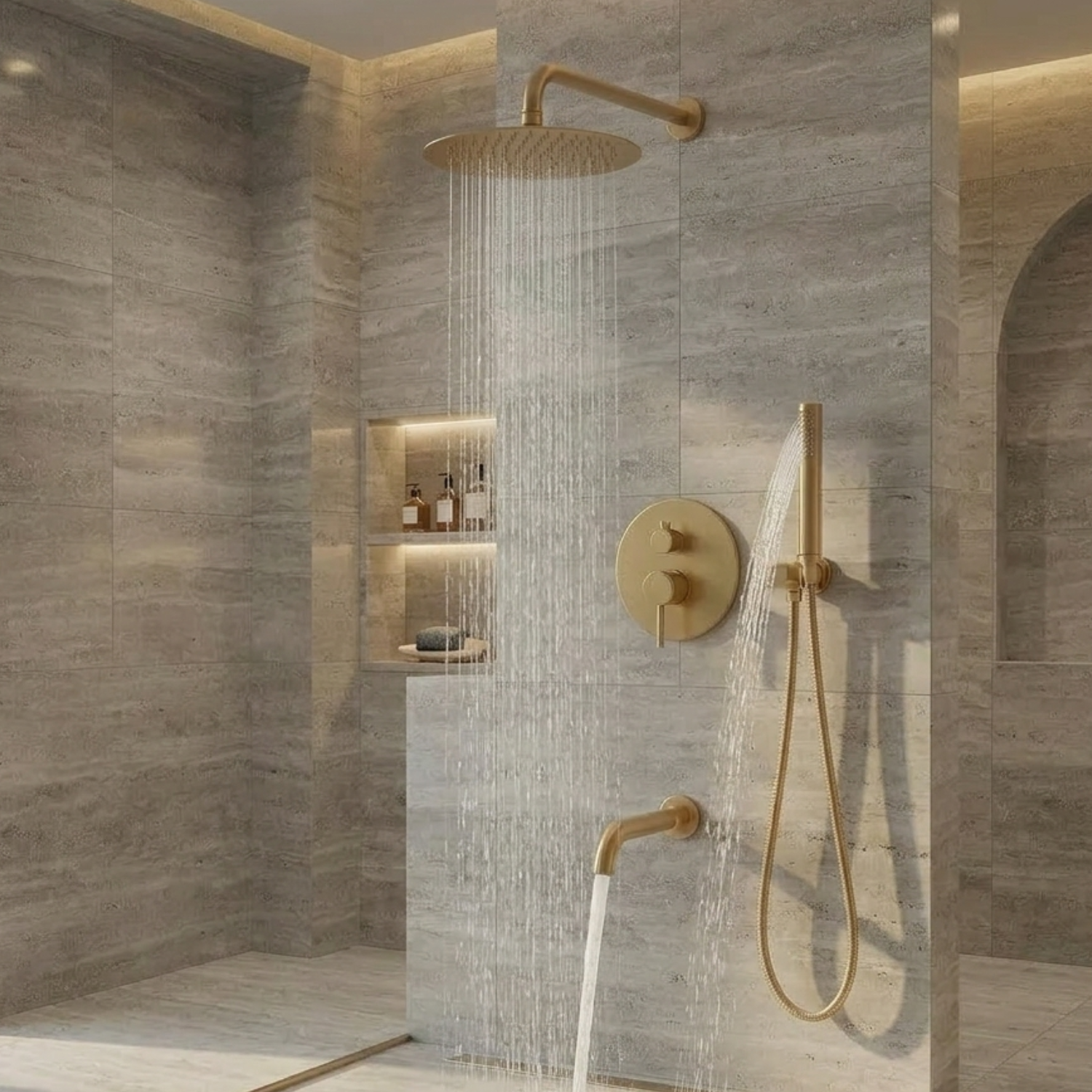 Odense -Brushed Gold Shower Faucet Wall Mounted Big Rainfall Head Hand Sprayer Set