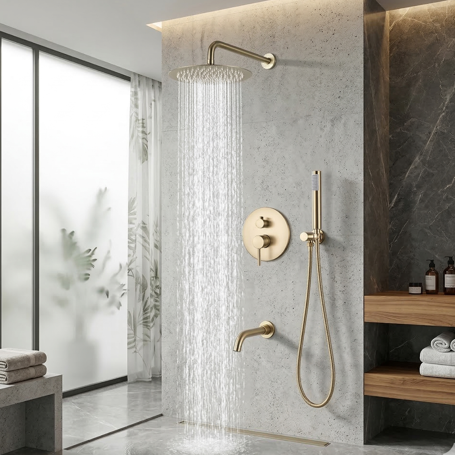 Odense -Brushed Gold Shower Faucet Wall Mounted Big Rainfall Head Hand Sprayer Set