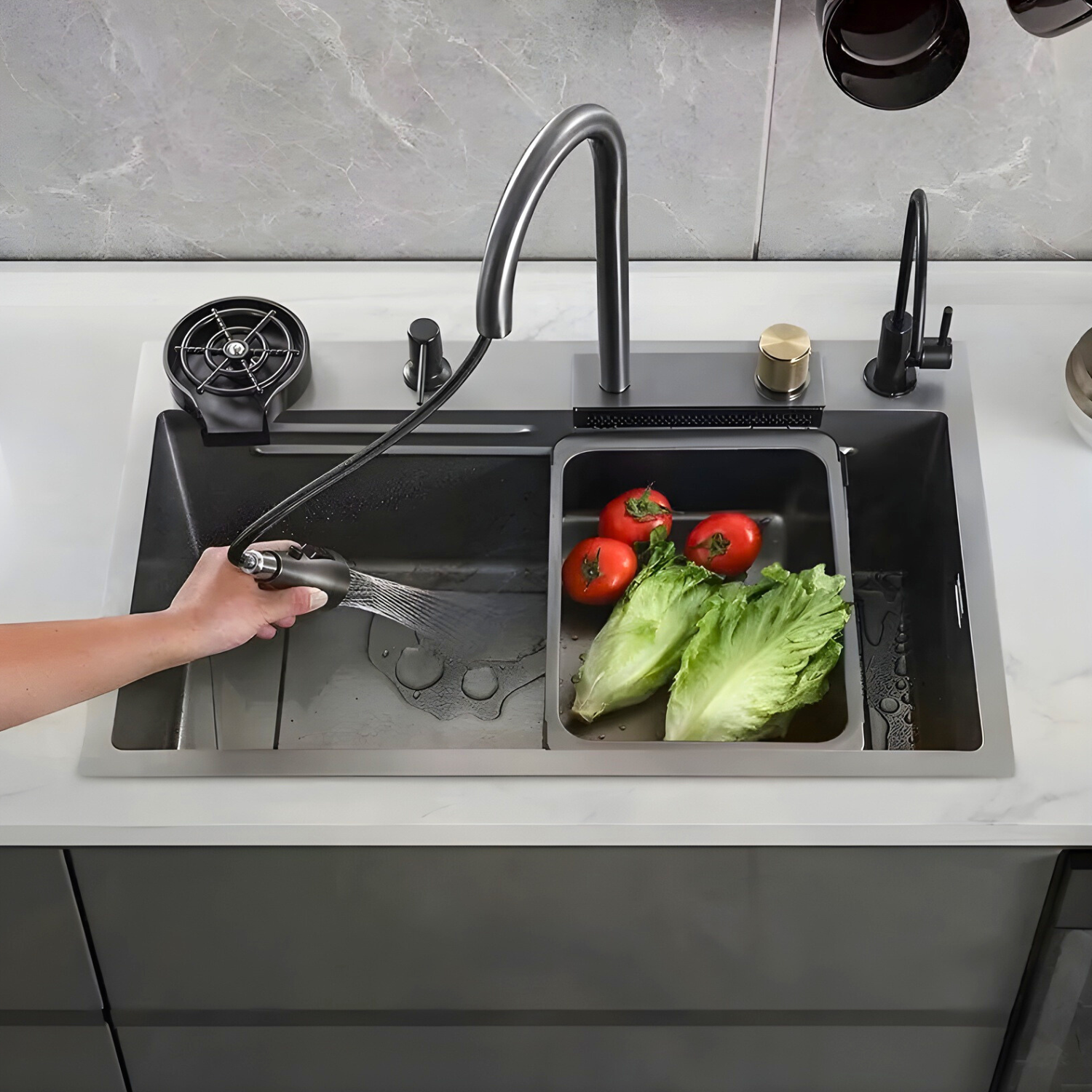 Stainless steel kitchen sink with modern faucet in a well-lit kitchen
