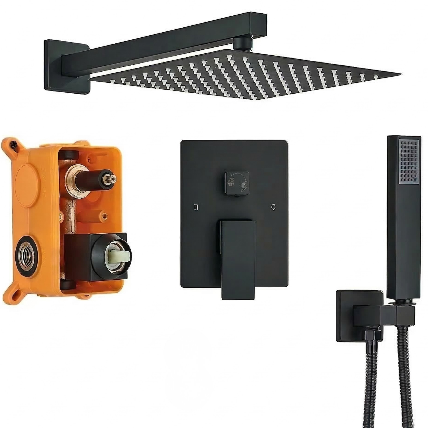 Vattern - Two-Way Matte Black Wall Mount Rainfall Shower Faucet Set with Concealed Waterfall Shower System and Tub Spout