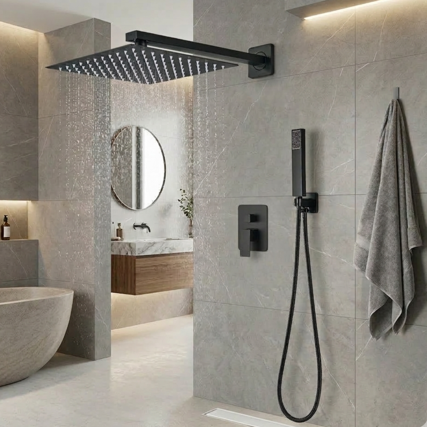 Vattern - Two-Way Matte Black Wall Mount Rainfall Shower Faucet Set with Concealed Waterfall Shower System and Tub Spout