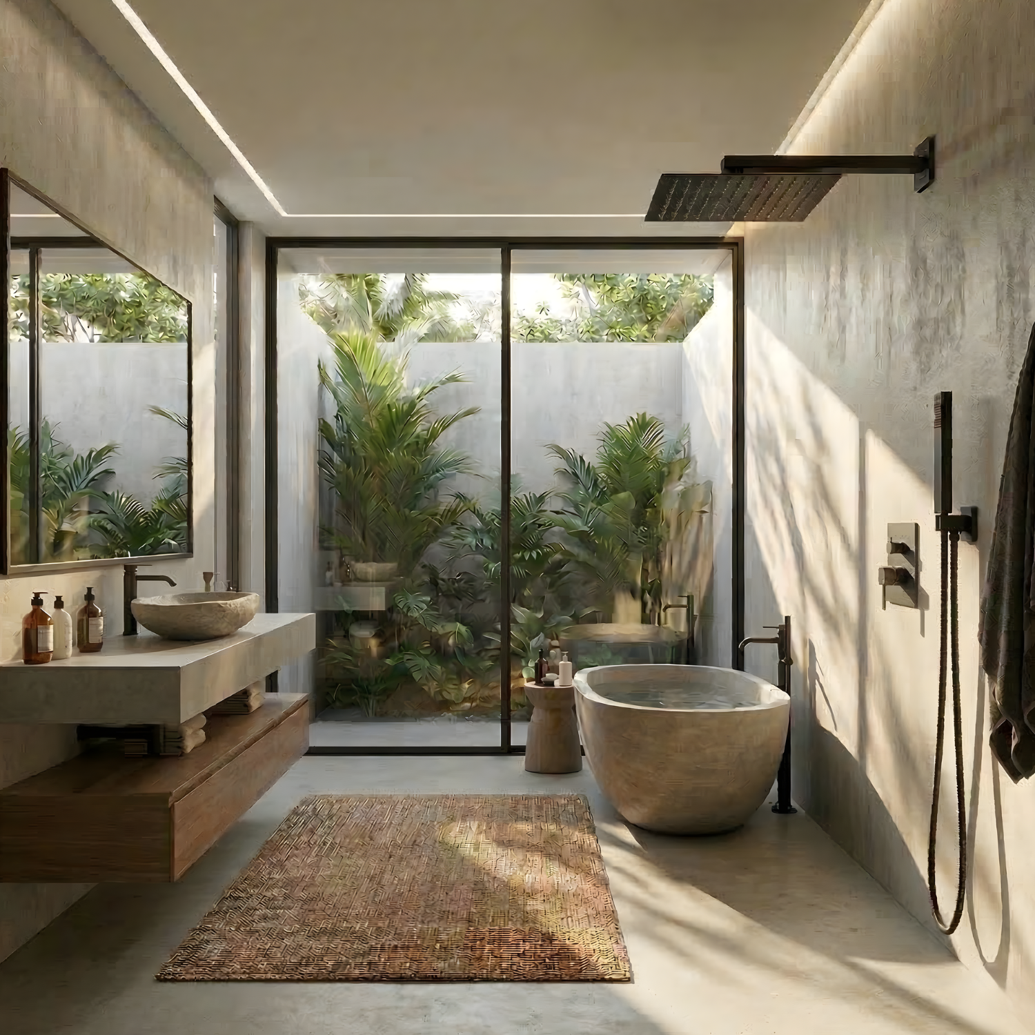 Vattern - Two-Way Matte Black Wall Mount Rainfall Shower Faucet Set with Concealed Waterfall Shower System and Tub Spout