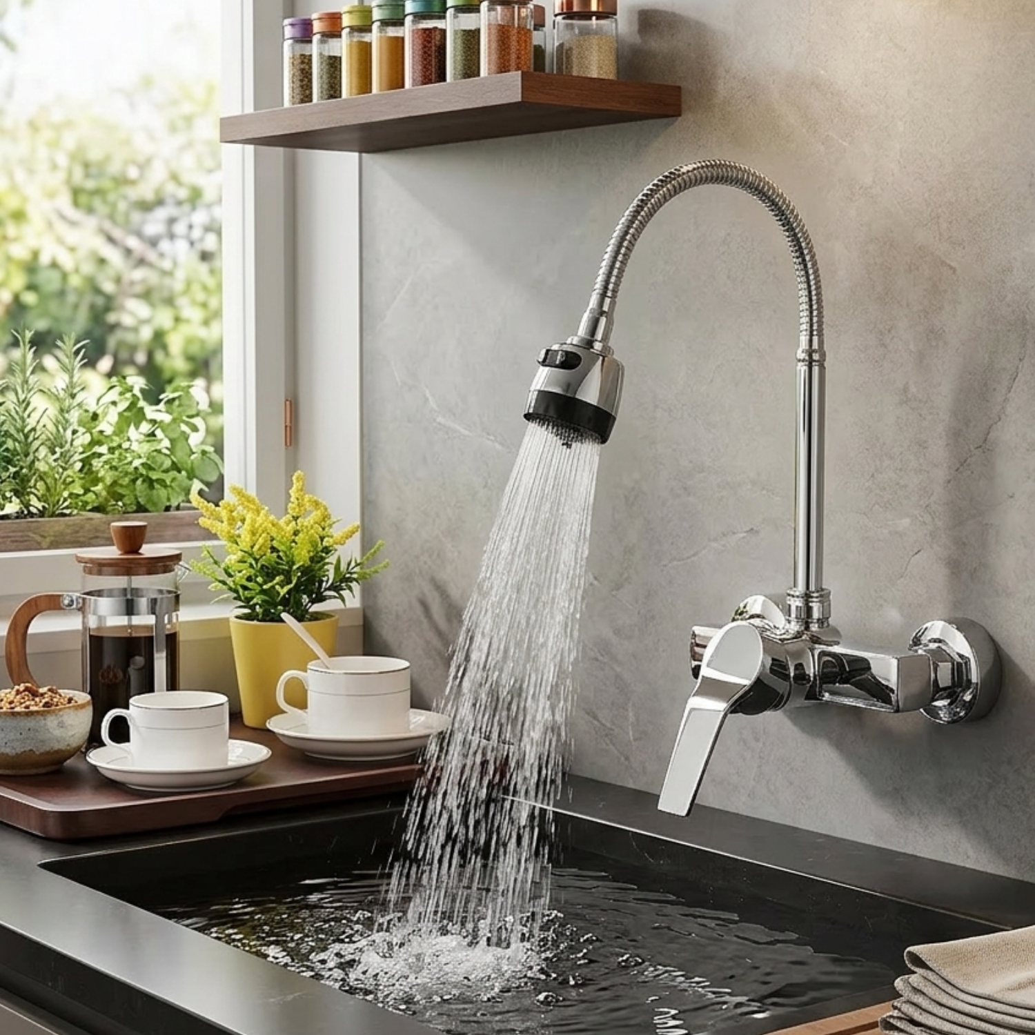 Vanern - Wall Mounted Dual Hole Kitchen Faucet Lead Free Hot Cold Water Mixer Tap Stream Spray Bubbler 360 Rotation Flexible Pipe Control