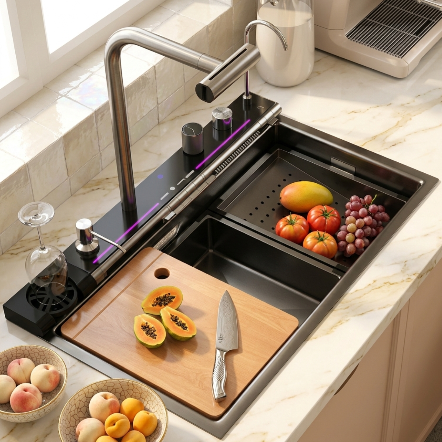 Modern kitchen sink with cutting board, fruits, and vegetables on a marble countertop.